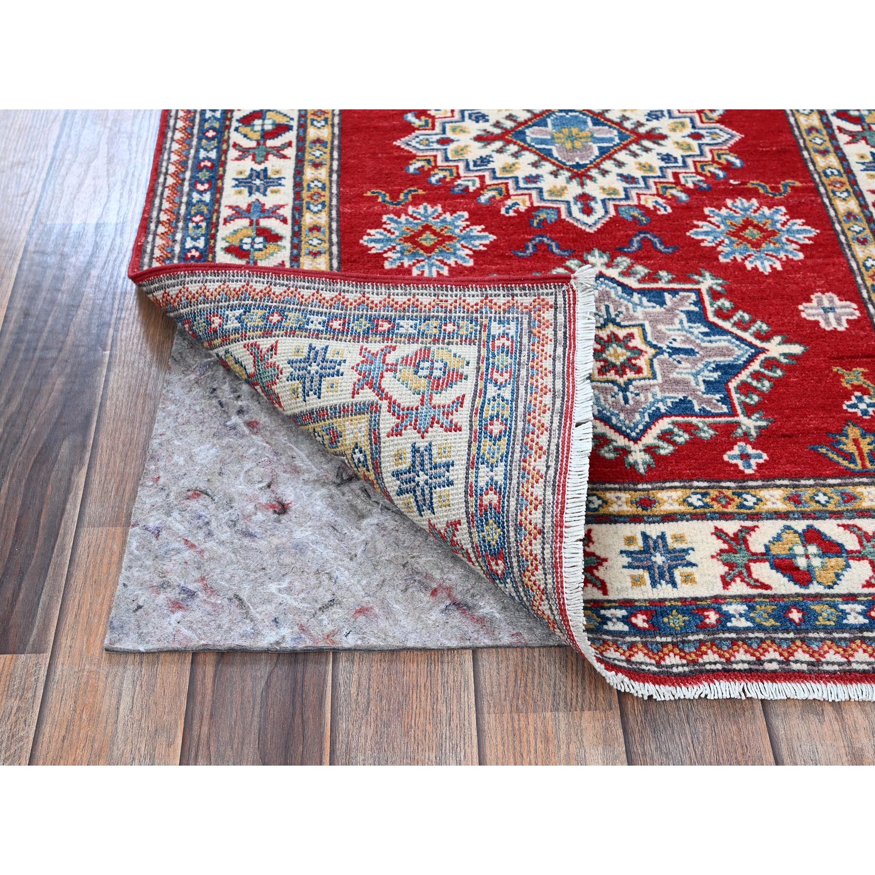 2'9"x6'3" Crimson Red, Kazak with Geometric Medallions Design, Soft and Vibrant Wool, Hand Knotted, Vegetable Dyes, Denser Weave, Runner, Oriental Rug Sh431
