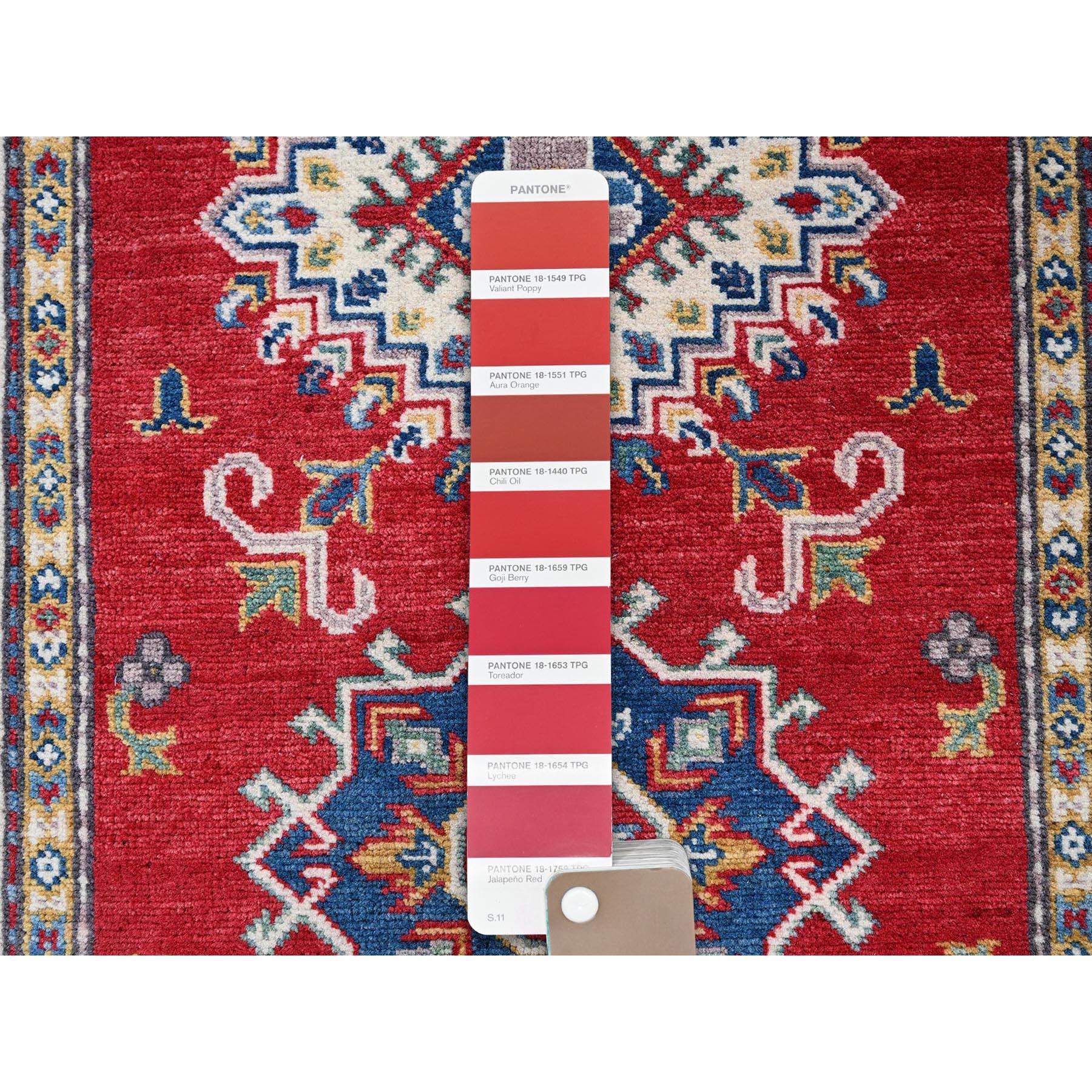 2'9"x6'3" Crimson Red, Kazak with Geometric Medallions Design, Soft and Vibrant Wool, Hand Knotted, Vegetable Dyes, Denser Weave, Runner, Oriental Rug Sh431