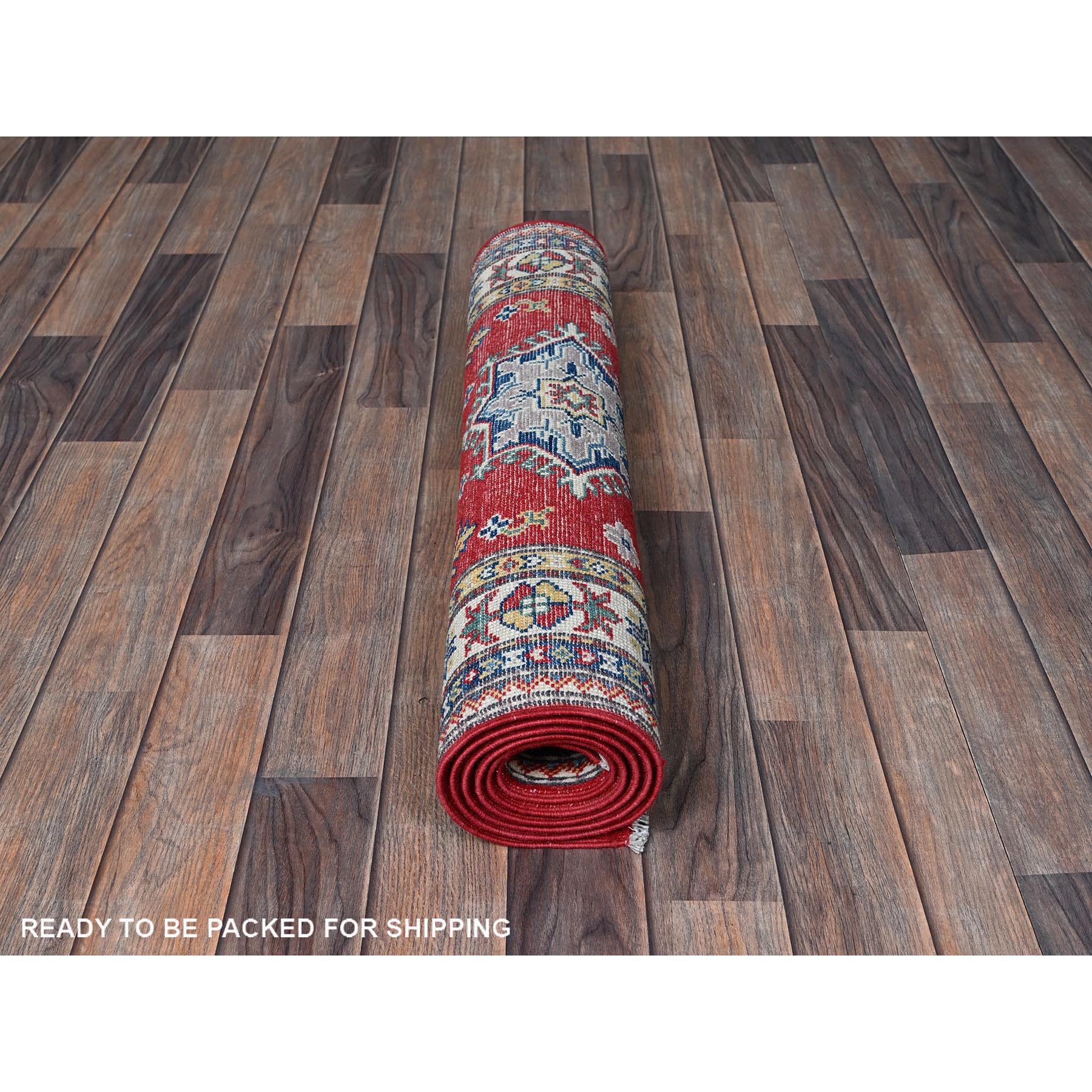2'9"x6'3" Crimson Red, Kazak with Geometric Medallions Design, Soft and Vibrant Wool, Hand Knotted, Vegetable Dyes, Denser Weave, Runner, Oriental Rug Sh431