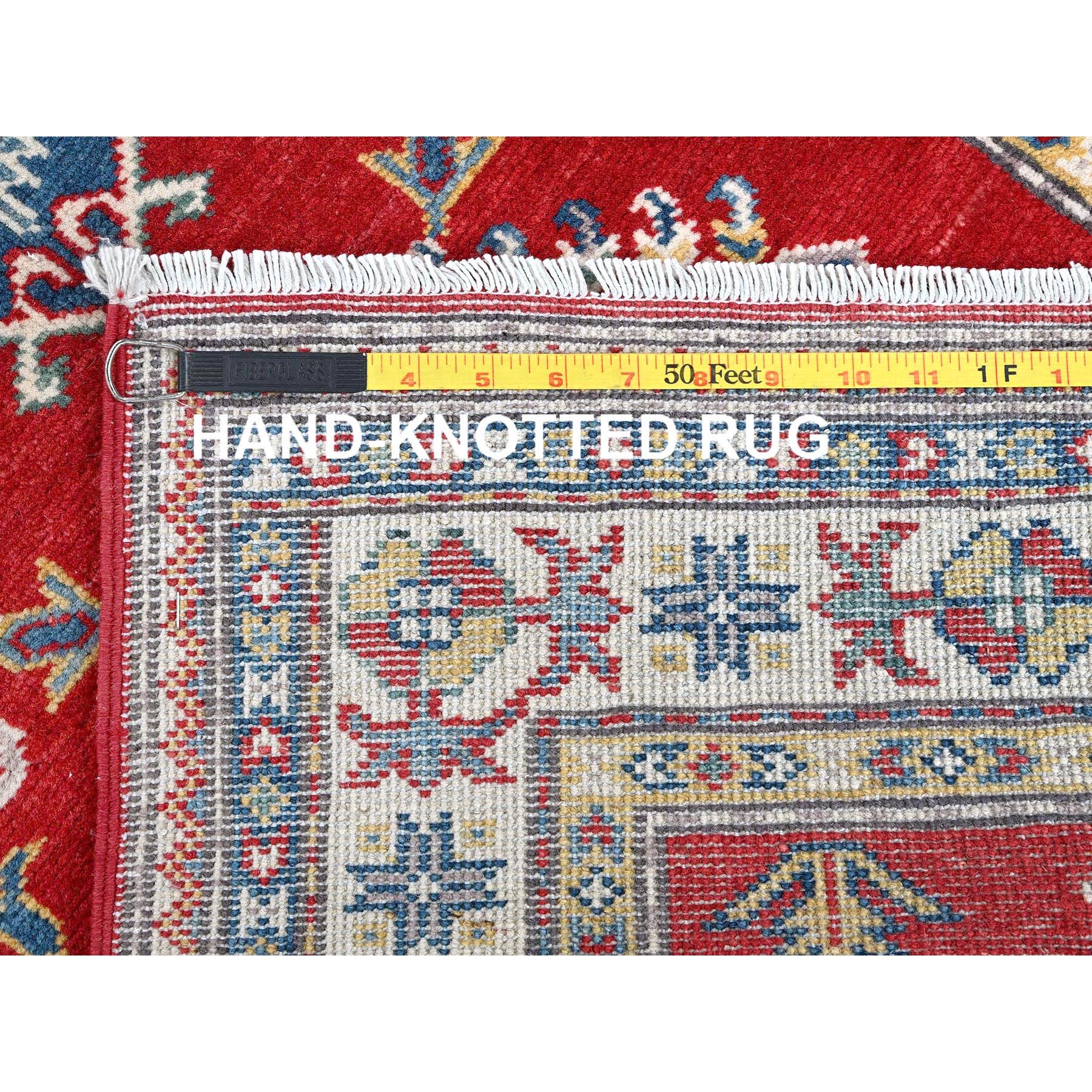 2'9"x6'3" Crimson Red, Kazak with Geometric Medallions Design, Soft and Vibrant Wool, Hand Knotted, Vegetable Dyes, Denser Weave, Runner, Oriental Rug Sh431