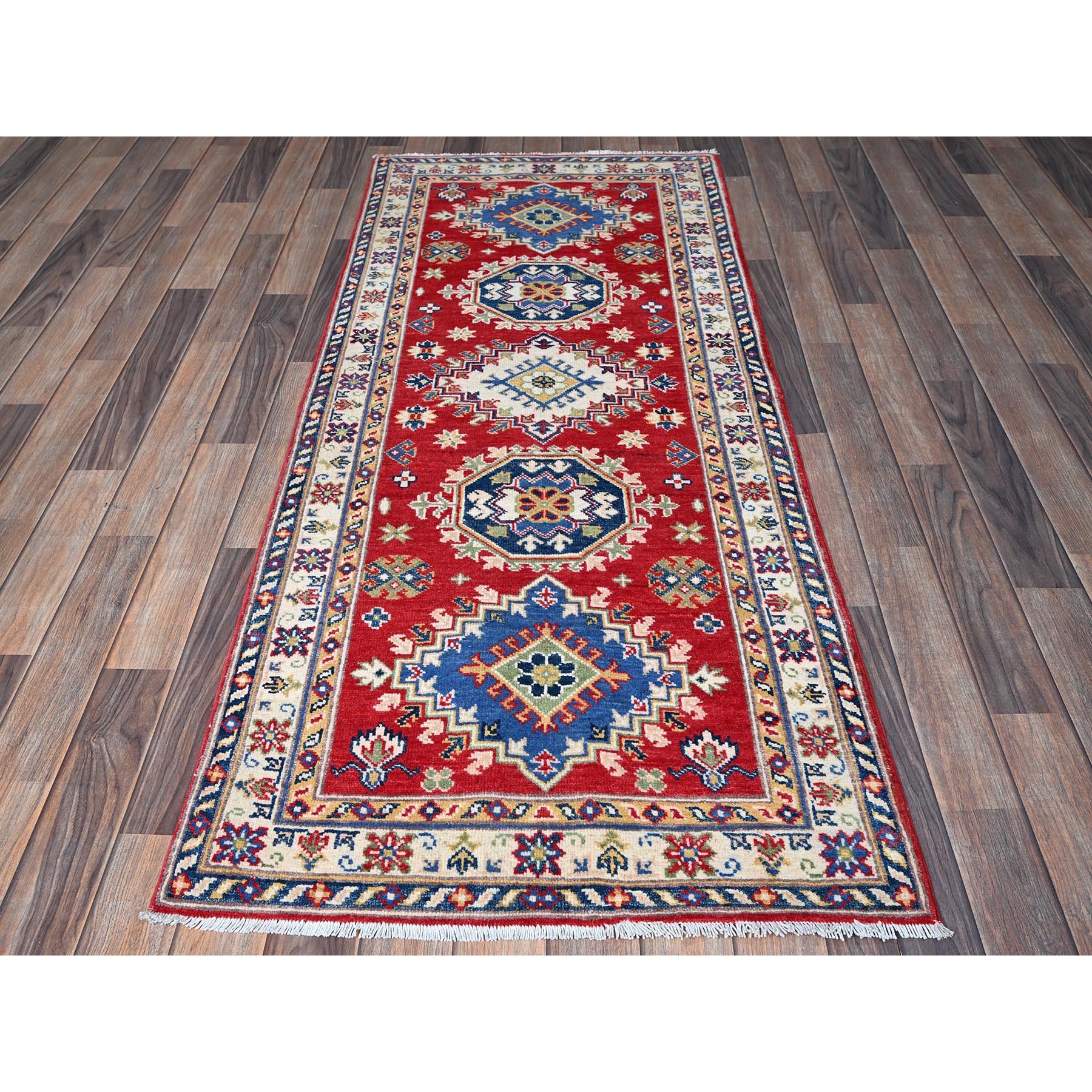 2'9"x6'6" Arsenal Red, Kazak with Geometric Medallions Design, Soft and Vibrant Wool, Hand Knotted, Vegetable Dyes, Denser Weave, Runner, Oriental Rug Sh432