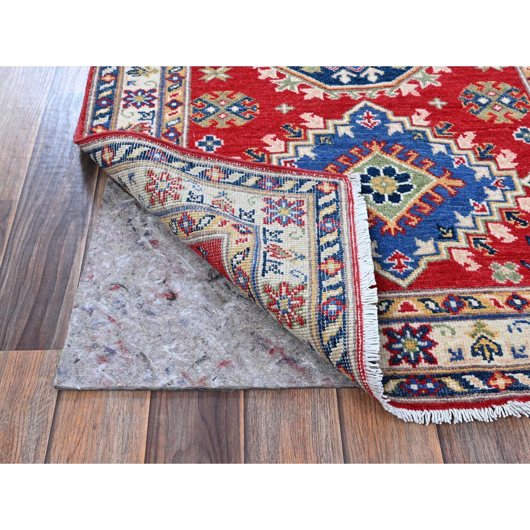 2'9"x6'6" Arsenal Red, Kazak with Geometric Medallions Design, Soft and Vibrant Wool, Hand Knotted, Vegetable Dyes, Denser Weave, Runner, Oriental Rug Sh432