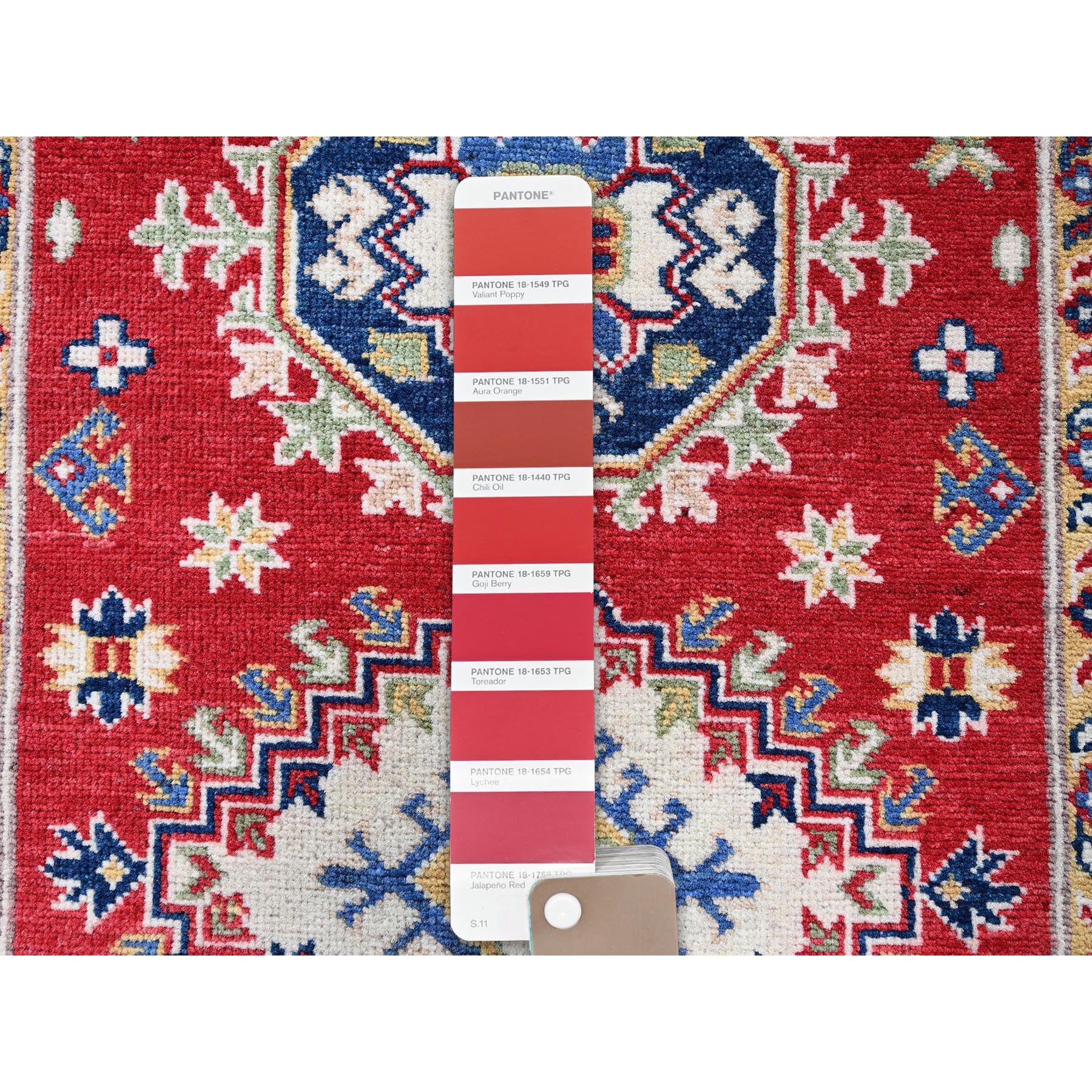 2'9"x6'6" Arsenal Red, Kazak with Geometric Medallions Design, Soft and Vibrant Wool, Hand Knotted, Vegetable Dyes, Denser Weave, Runner, Oriental Rug Sh432