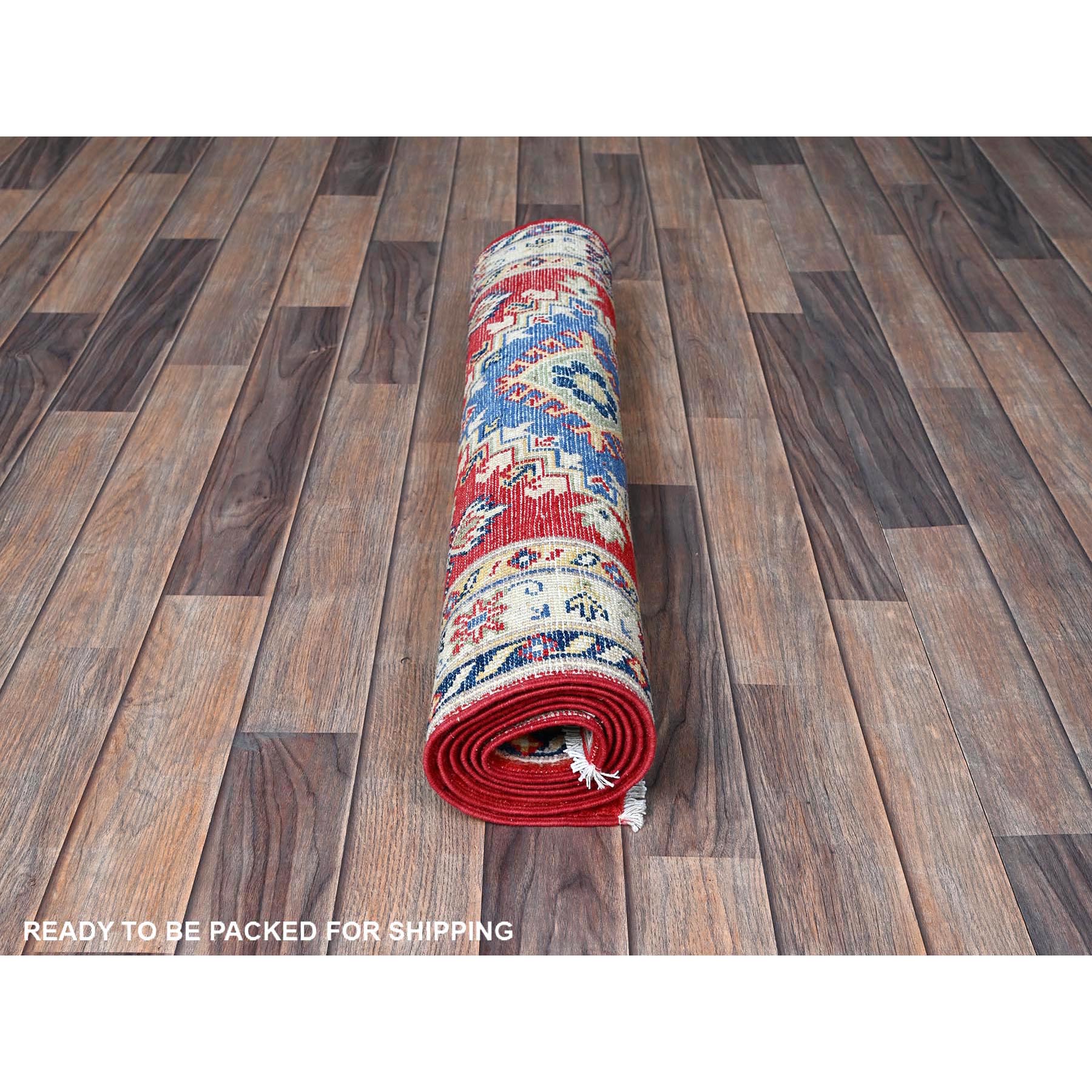 2'9"x6'6" Arsenal Red, Kazak with Geometric Medallions Design, Soft and Vibrant Wool, Hand Knotted, Vegetable Dyes, Denser Weave, Runner, Oriental Rug Sh432