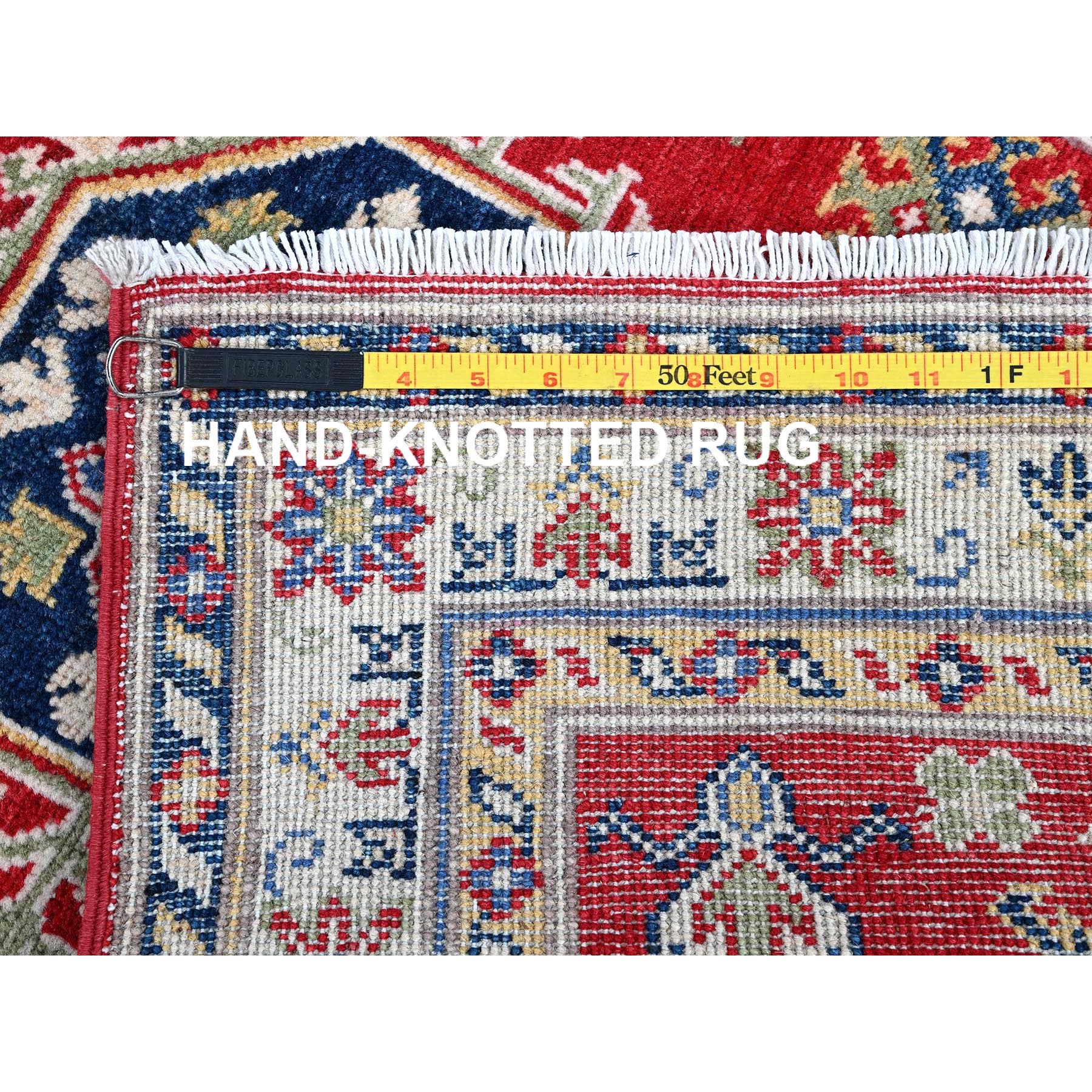 2'9"x6'6" Arsenal Red, Kazak with Geometric Medallions Design, Soft and Vibrant Wool, Hand Knotted, Vegetable Dyes, Denser Weave, Runner, Oriental Rug Sh432
