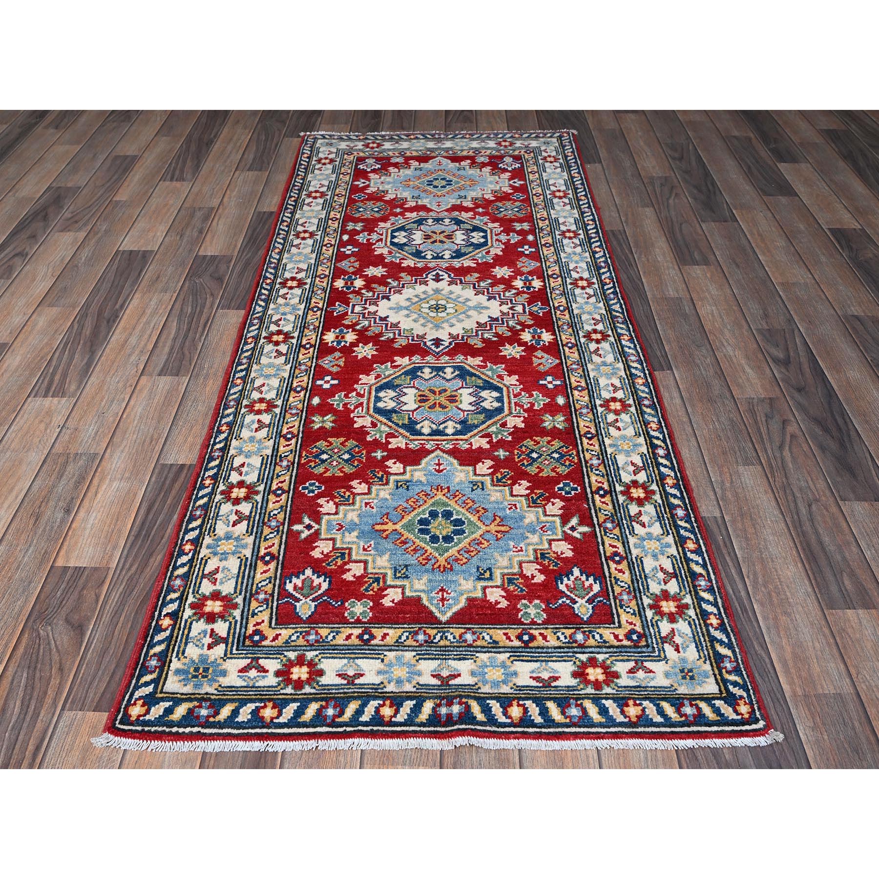 2'8"x6'7" Ajax Red, Kazak with Geometric Medallions Design, Soft and Vibrant Wool, Hand Knotted, Vegetable Dyes, Denser Weave, Runner, Oriental Rug Sh433