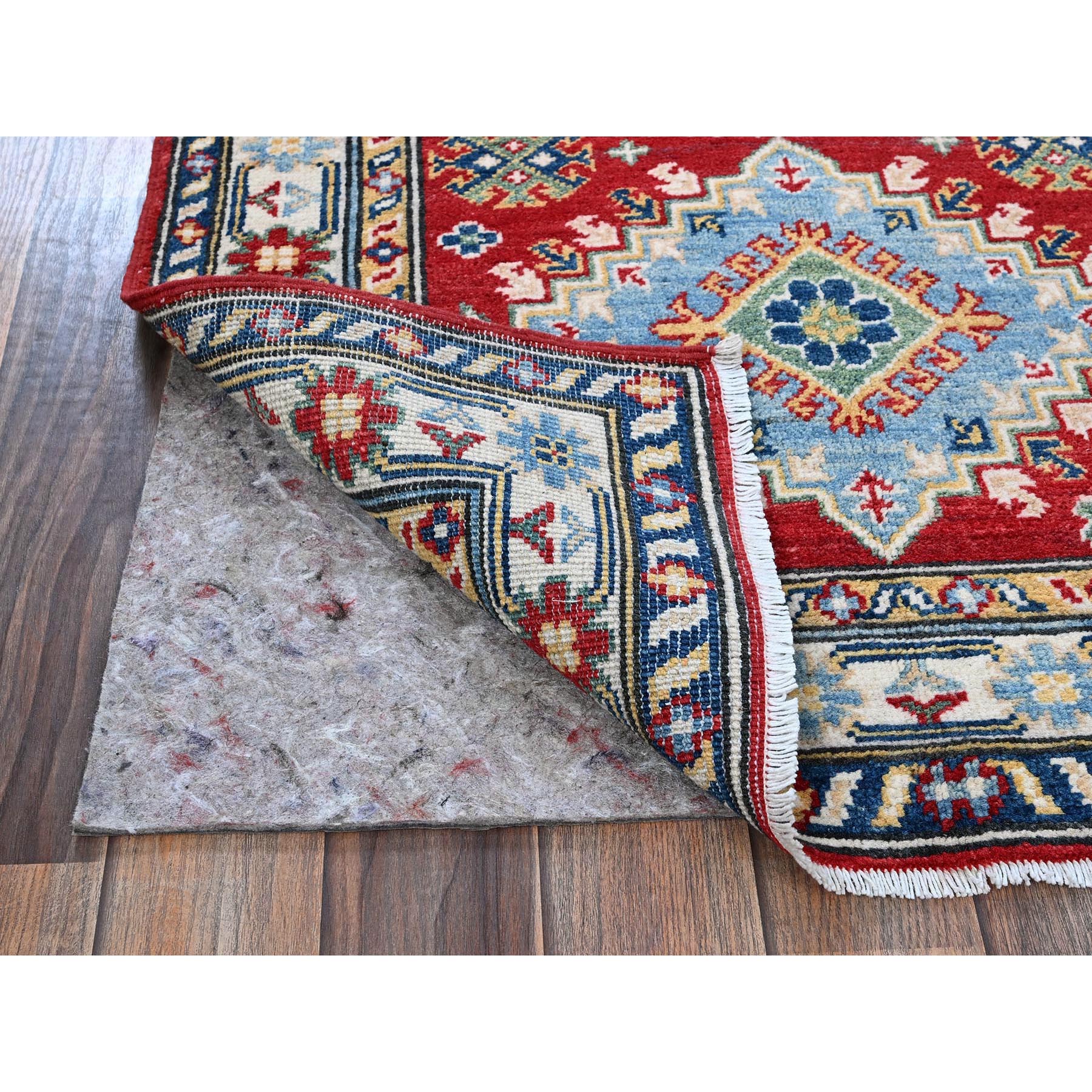 2'8"x6'7" Ajax Red, Kazak with Geometric Medallions Design, Soft and Vibrant Wool, Hand Knotted, Vegetable Dyes, Denser Weave, Runner, Oriental Rug Sh433