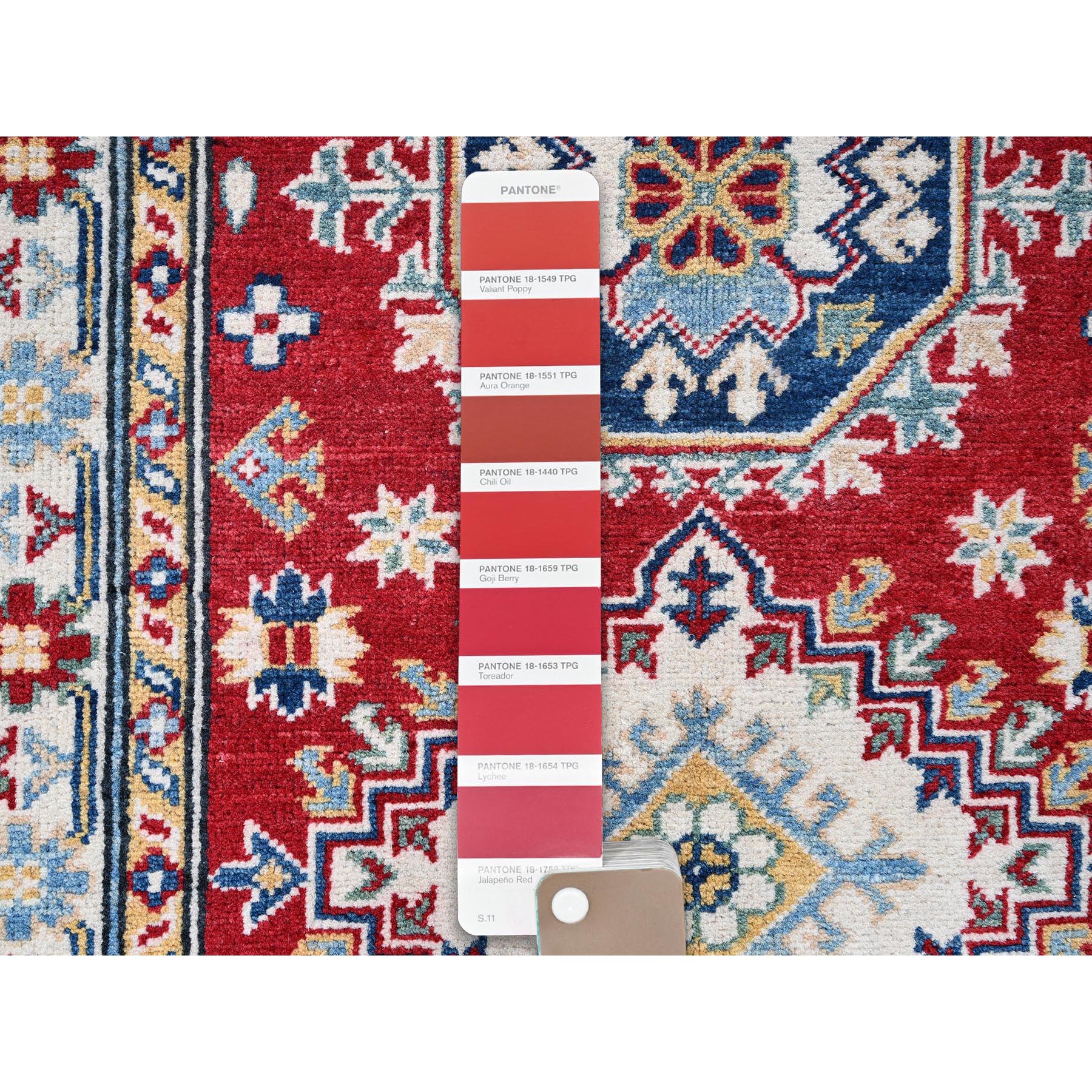 2'8"x6'7" Ajax Red, Kazak with Geometric Medallions Design, Soft and Vibrant Wool, Hand Knotted, Vegetable Dyes, Denser Weave, Runner, Oriental Rug Sh433