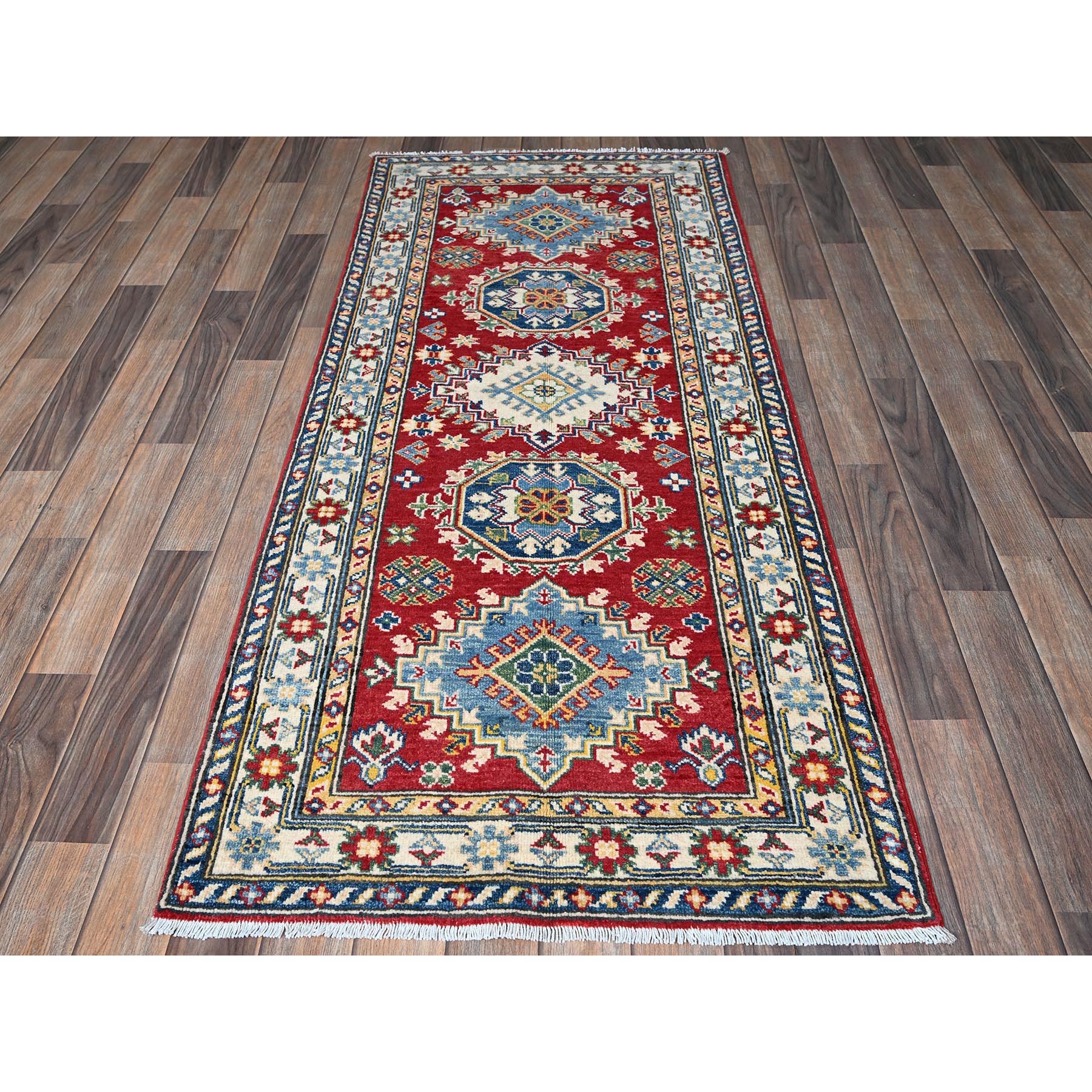 2'9"x6'4" Chili Red, Kazak with Geometric Medallions Design, Hand Knotted, Soft and Velvety Wool, Vegetable Dyes, Denser Weave, Runner, Oriental Rug Sh434