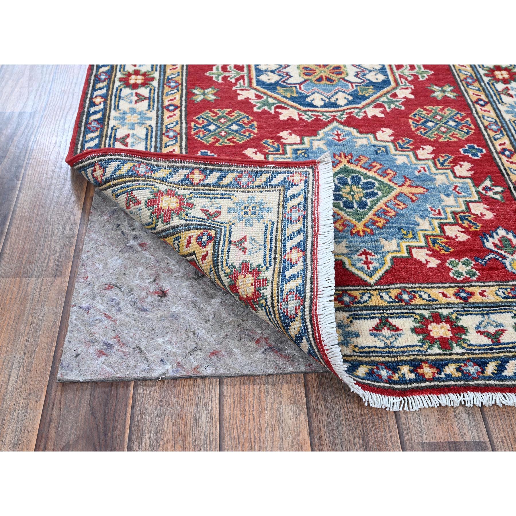 2'9"x6'4" Chili Red, Kazak with Geometric Medallions Design, Hand Knotted, Soft and Velvety Wool, Vegetable Dyes, Denser Weave, Runner, Oriental Rug Sh434