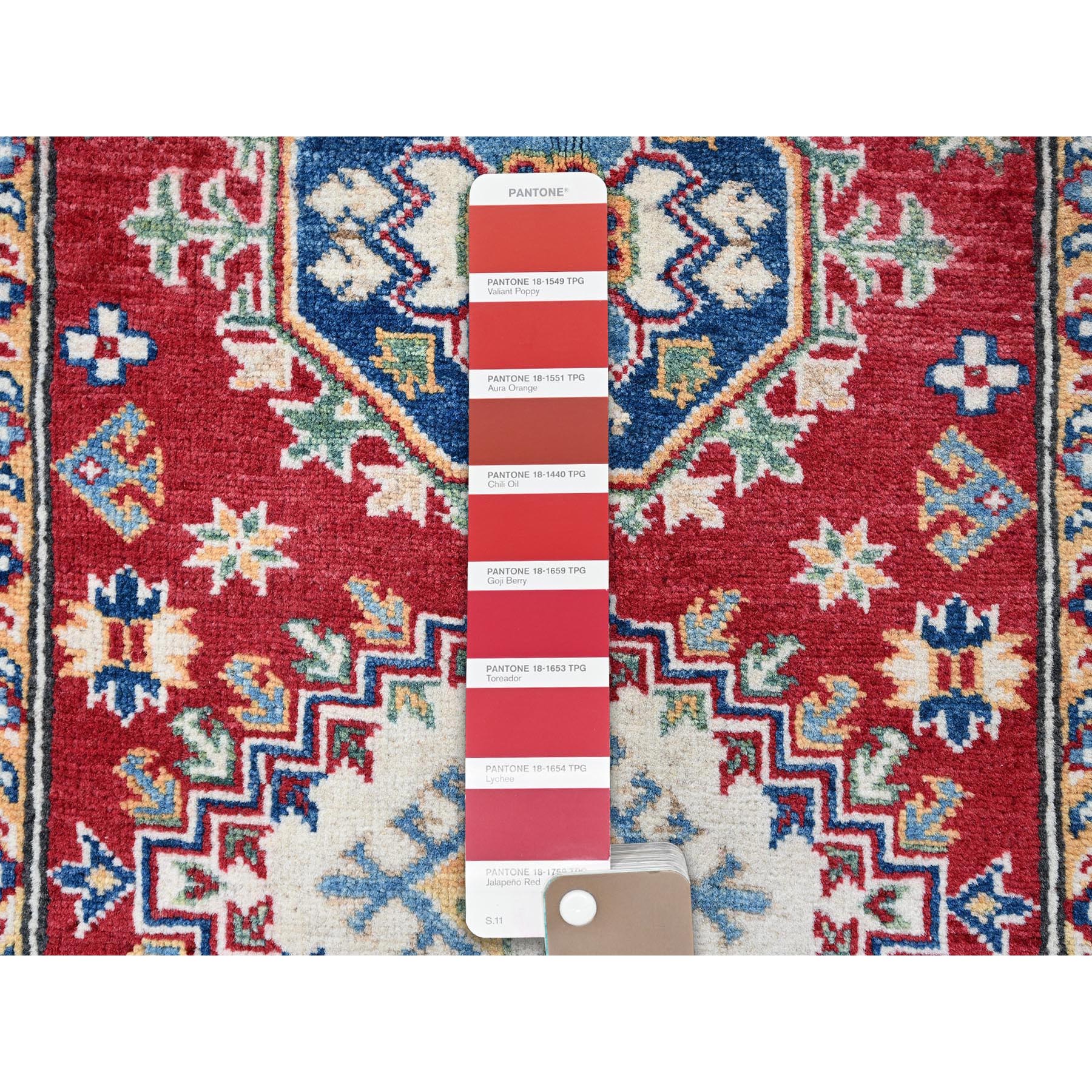 2'9"x6'4" Chili Red, Kazak with Geometric Medallions Design, Hand Knotted, Soft and Velvety Wool, Vegetable Dyes, Denser Weave, Runner, Oriental Rug Sh434