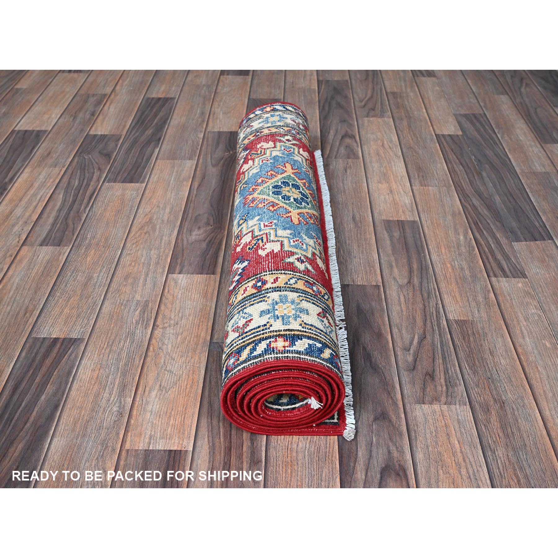 2'9"x6'4" Chili Red, Kazak with Geometric Medallions Design, Hand Knotted, Soft and Velvety Wool, Vegetable Dyes, Denser Weave, Runner, Oriental Rug Sh434