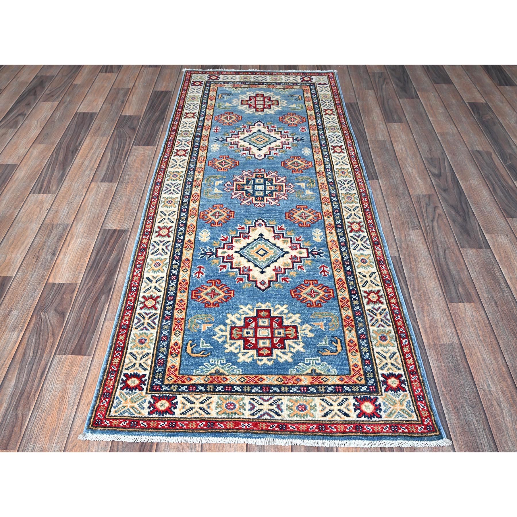 2'6"x6'2" Carolina Blue, Kazak with Geometric Medallions Design, Hand Knotted, Soft and Shiny Wool, Vegetable Dyes, Denser Weave, Runner, Oriental Rug Sh435