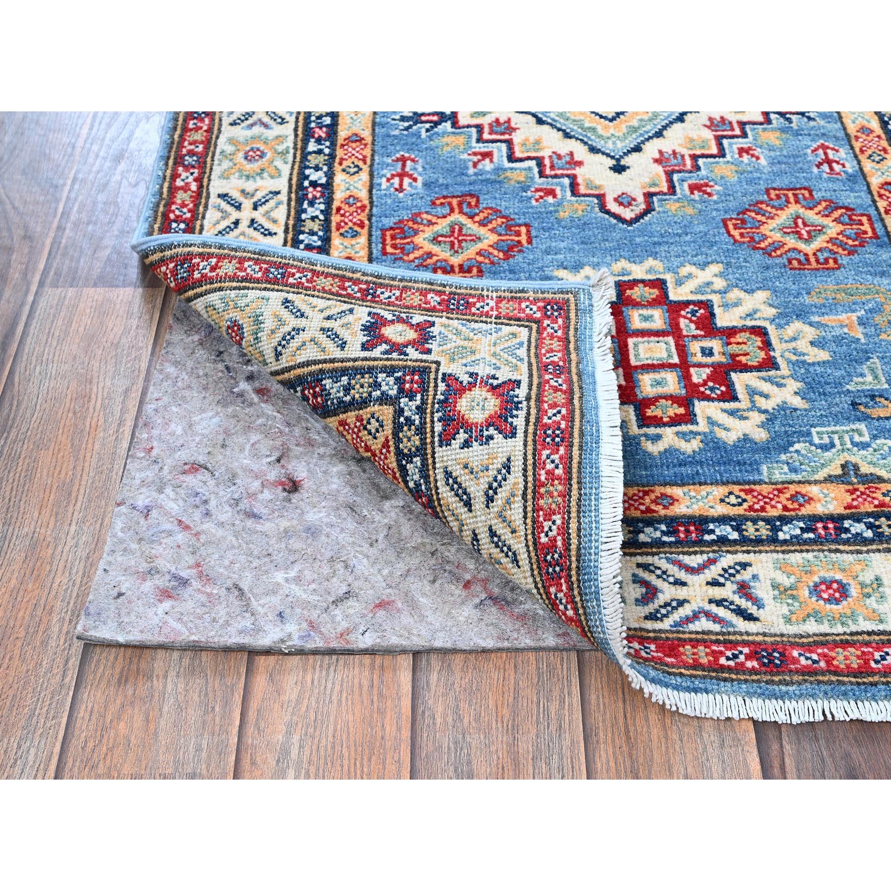 2'6"x6'2" Carolina Blue, Kazak with Geometric Medallions Design, Hand Knotted, Soft and Shiny Wool, Vegetable Dyes, Denser Weave, Runner, Oriental Rug Sh435