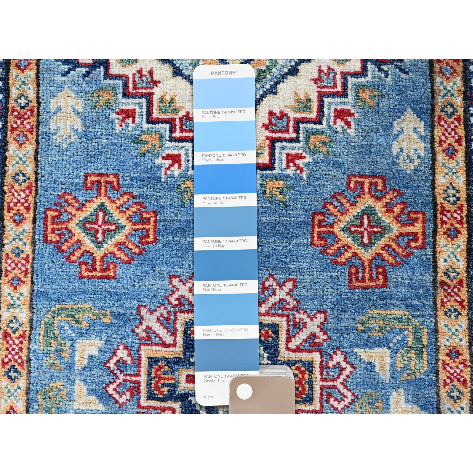 2'6"x6'2" Carolina Blue, Kazak with Geometric Medallions Design, Hand Knotted, Soft and Shiny Wool, Vegetable Dyes, Denser Weave, Runner, Oriental Rug Sh435
