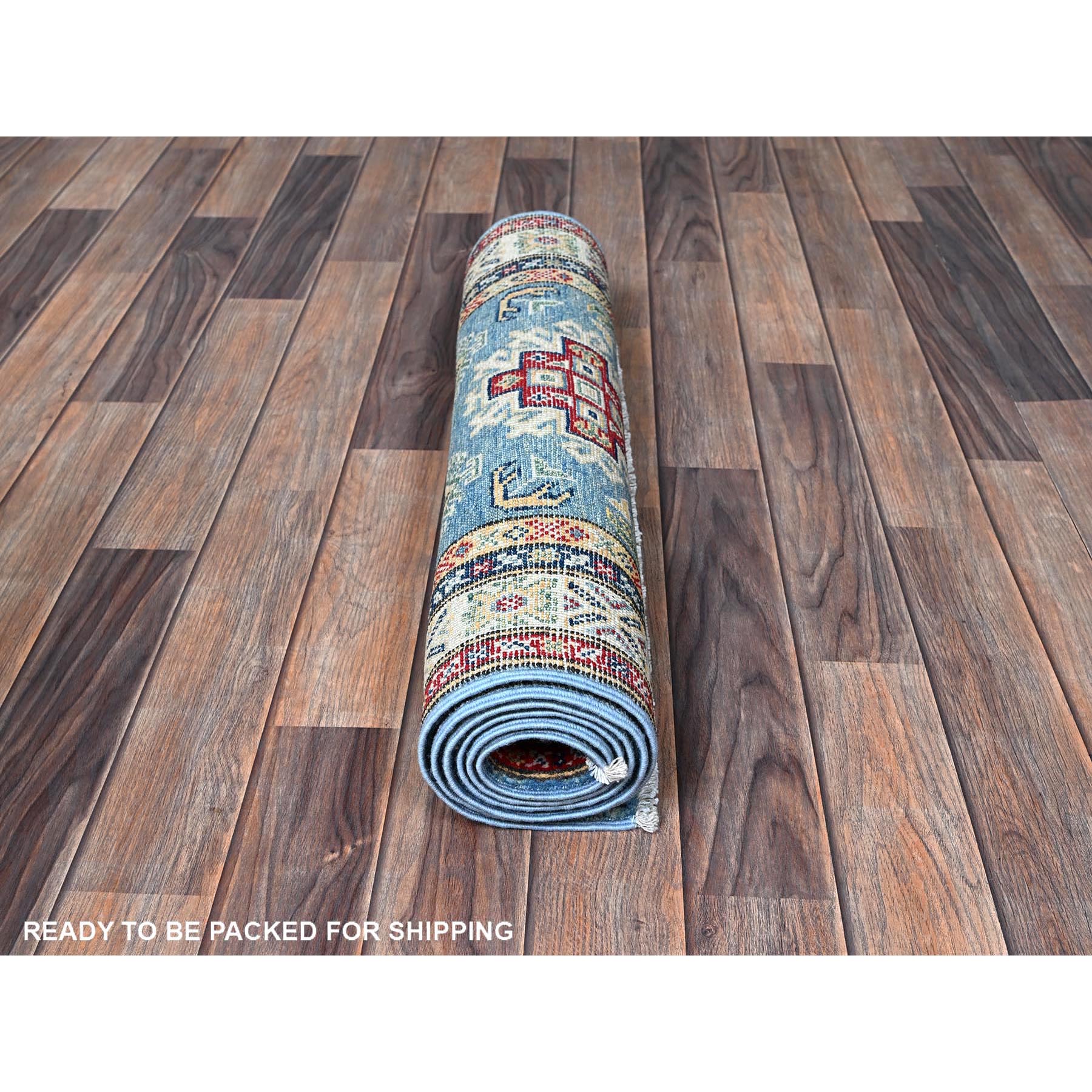 2'6"x6'2" Carolina Blue, Kazak with Geometric Medallions Design, Hand Knotted, Soft and Shiny Wool, Vegetable Dyes, Denser Weave, Runner, Oriental Rug Sh435
