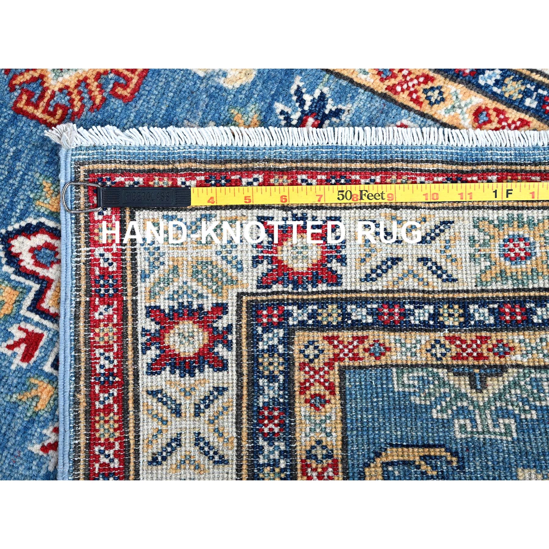 2'6"x6'2" Carolina Blue, Kazak with Geometric Medallions Design, Hand Knotted, Soft and Shiny Wool, Vegetable Dyes, Denser Weave, Runner, Oriental Rug Sh435