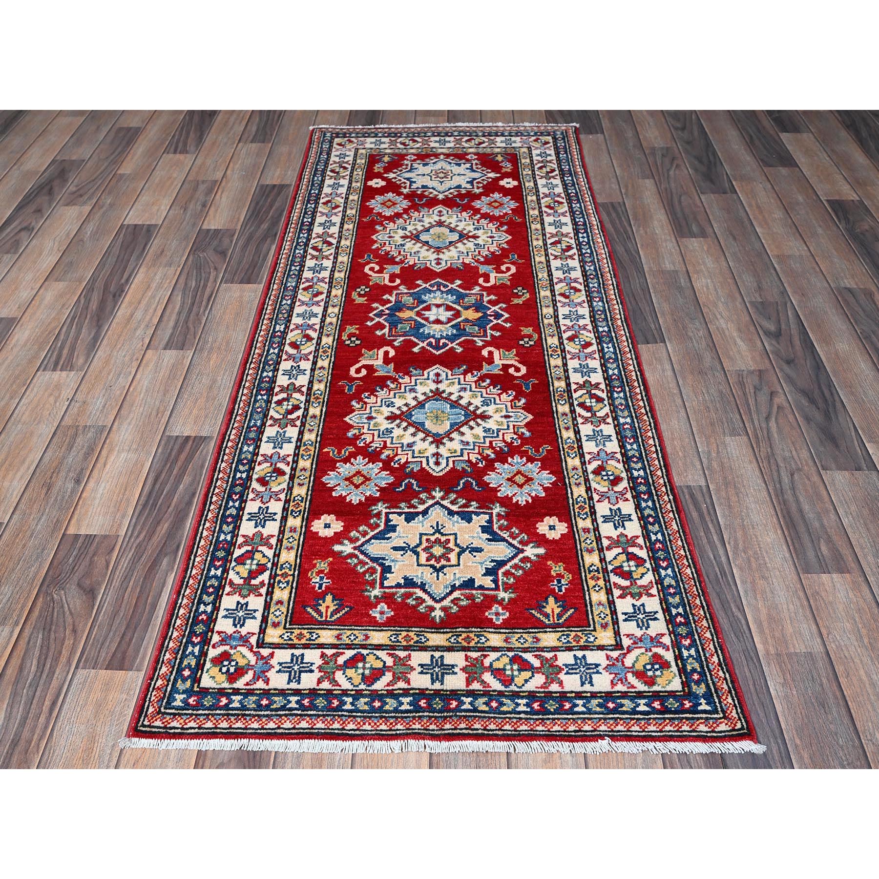 2'6"x6'3" Arsenal Red, Kazak with Geometric Medallions Design, Soft and Shiny Wool, Hand Knotted, Vegetable Dyes, Denser Weave, Runner, Oriental Rug Sh436