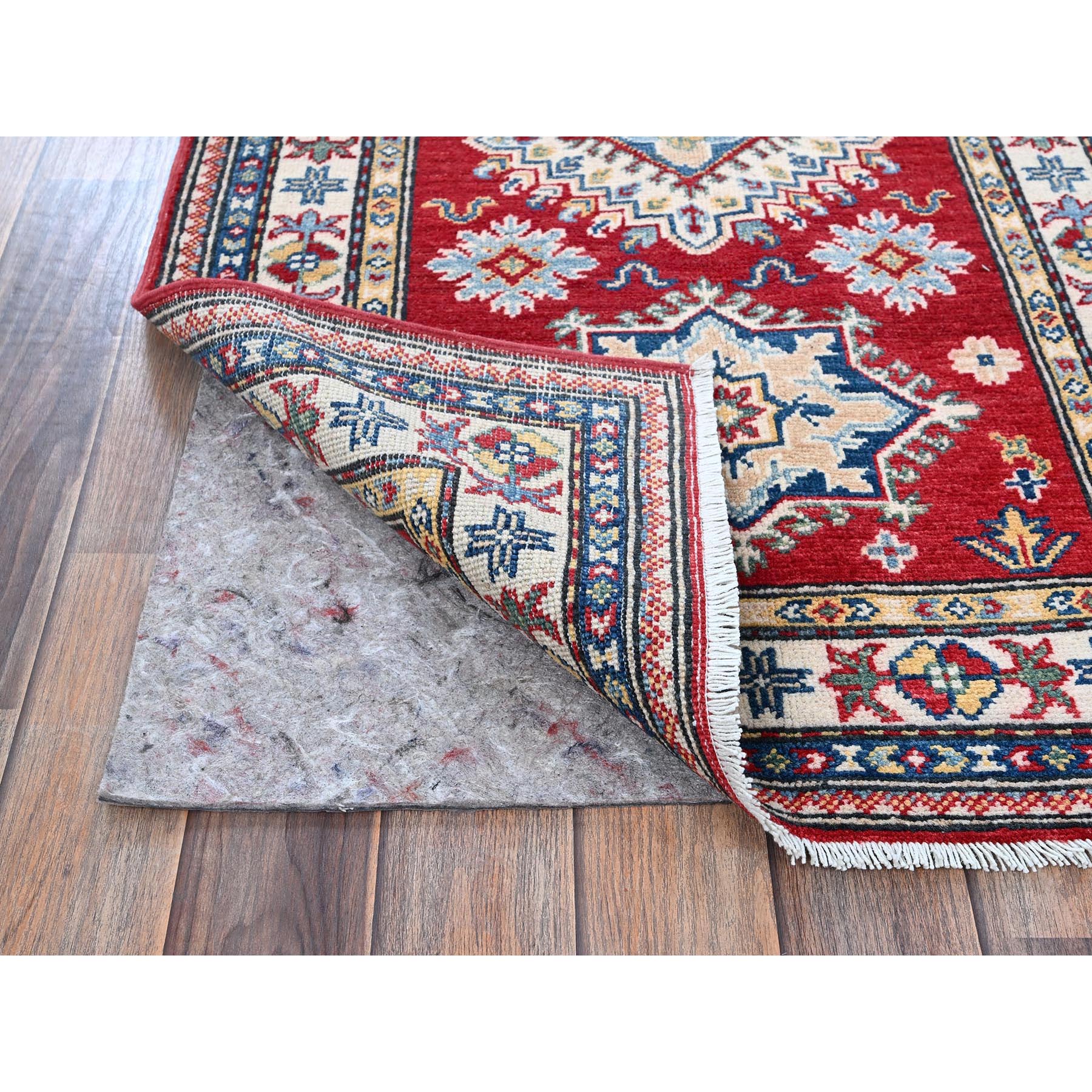 2'6"x6'3" Arsenal Red, Kazak with Geometric Medallions Design, Soft and Shiny Wool, Hand Knotted, Vegetable Dyes, Denser Weave, Runner, Oriental Rug Sh436