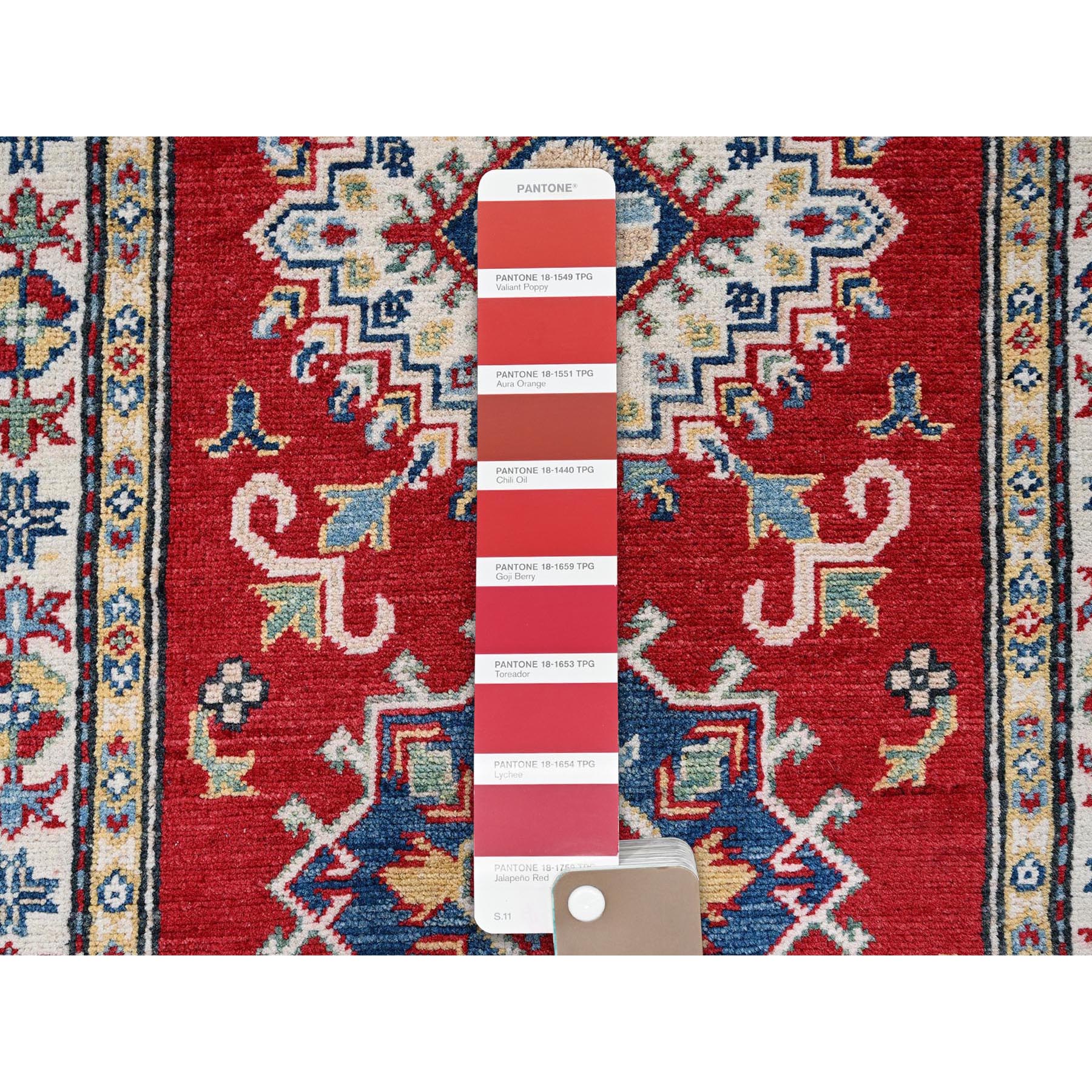 2'6"x6'3" Arsenal Red, Kazak with Geometric Medallions Design, Soft and Shiny Wool, Hand Knotted, Vegetable Dyes, Denser Weave, Runner, Oriental Rug Sh436
