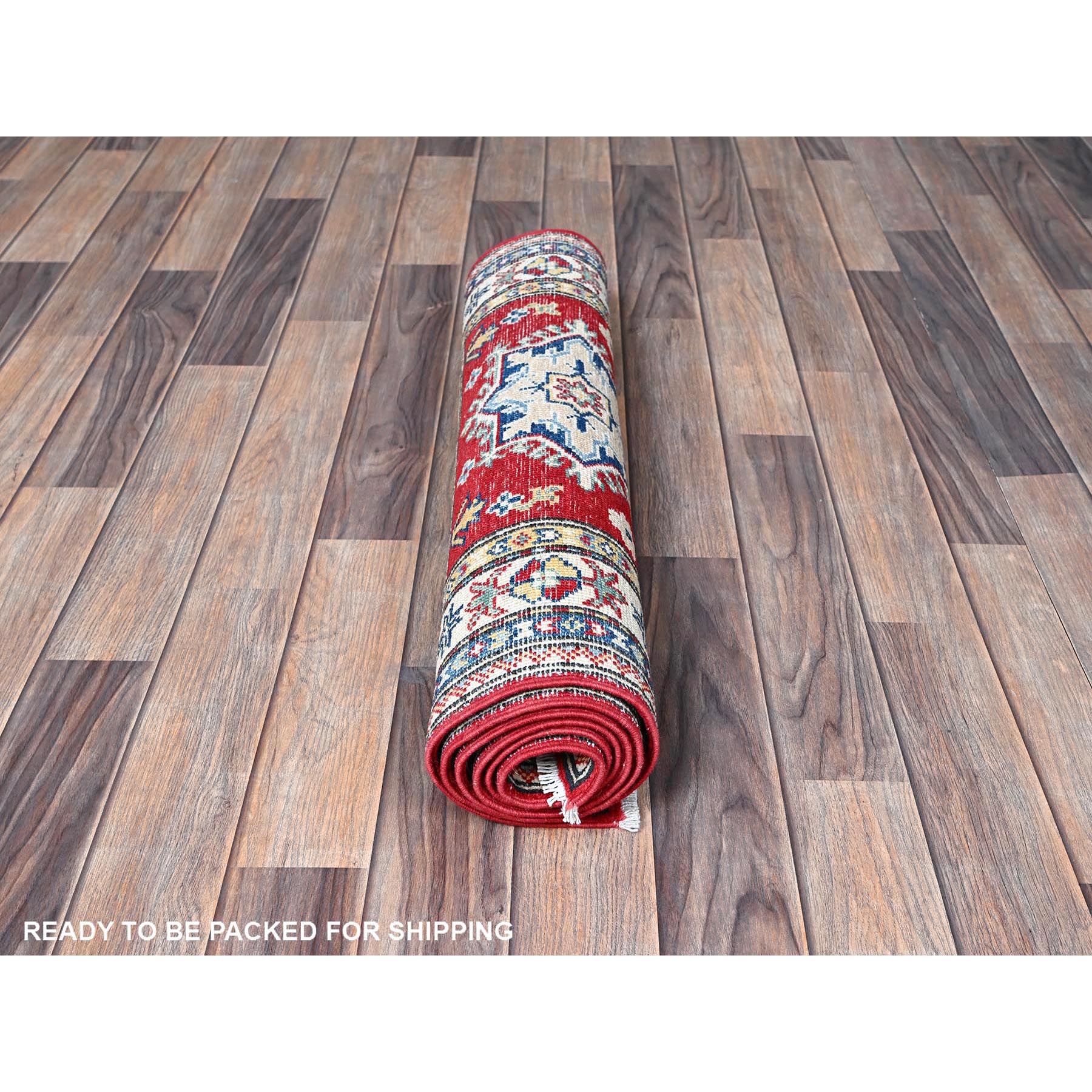 2'6"x6'3" Arsenal Red, Kazak with Geometric Medallions Design, Soft and Shiny Wool, Hand Knotted, Vegetable Dyes, Denser Weave, Runner, Oriental Rug Sh436