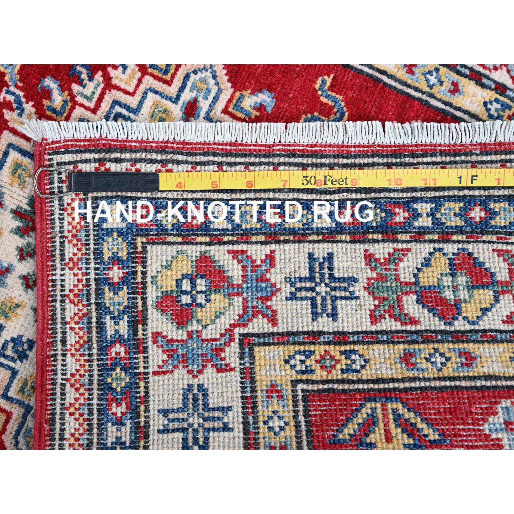 2'6"x6'3" Arsenal Red, Kazak with Geometric Medallions Design, Soft and Shiny Wool, Hand Knotted, Vegetable Dyes, Denser Weave, Runner, Oriental Rug Sh436