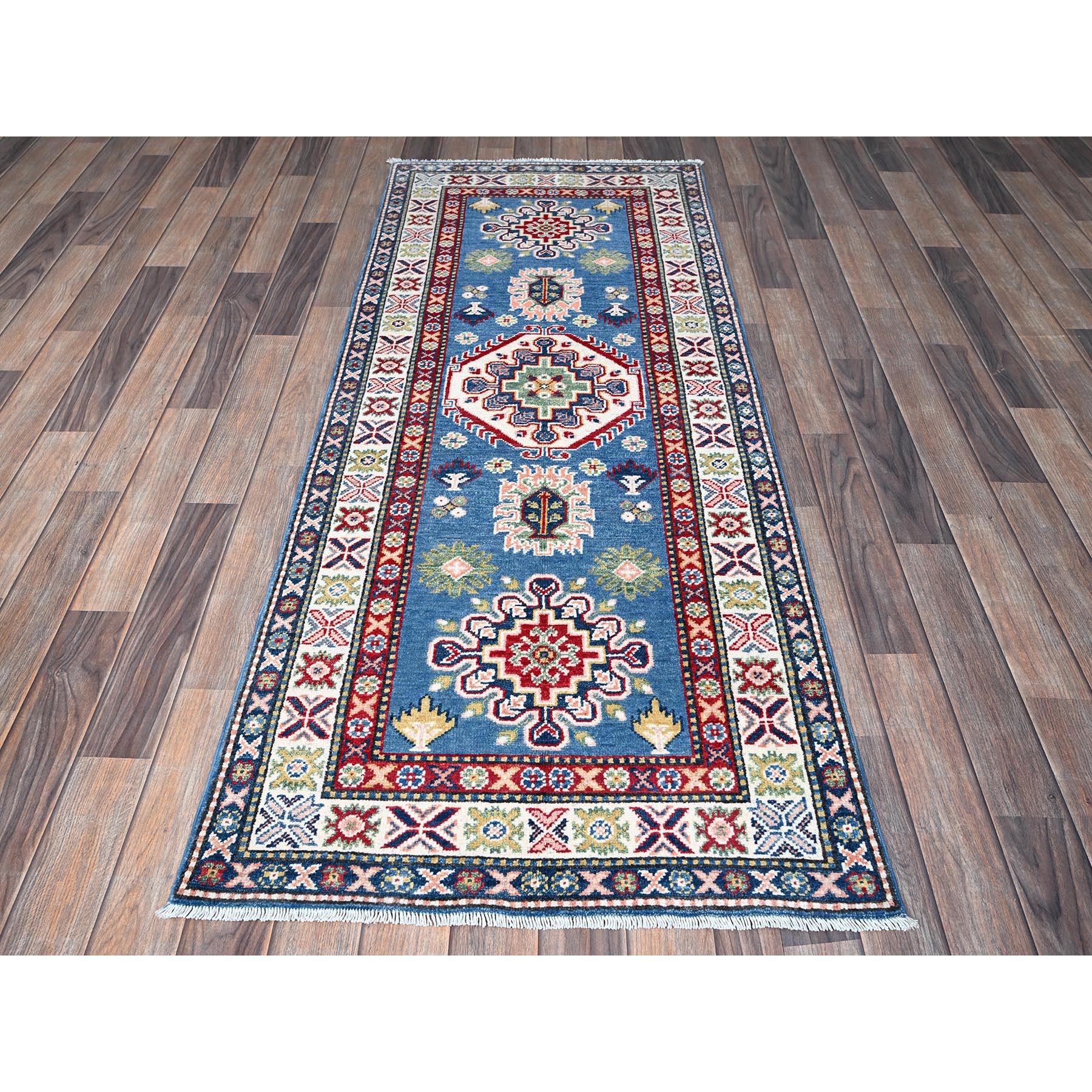 2'7"x6'7" Imperial Blue, Kazak with Tribal Design, Hand Knotted, Soft and Shiny Wool, Vegetable Dyes, Denser Weave, Runner, Oriental Rug Sh437