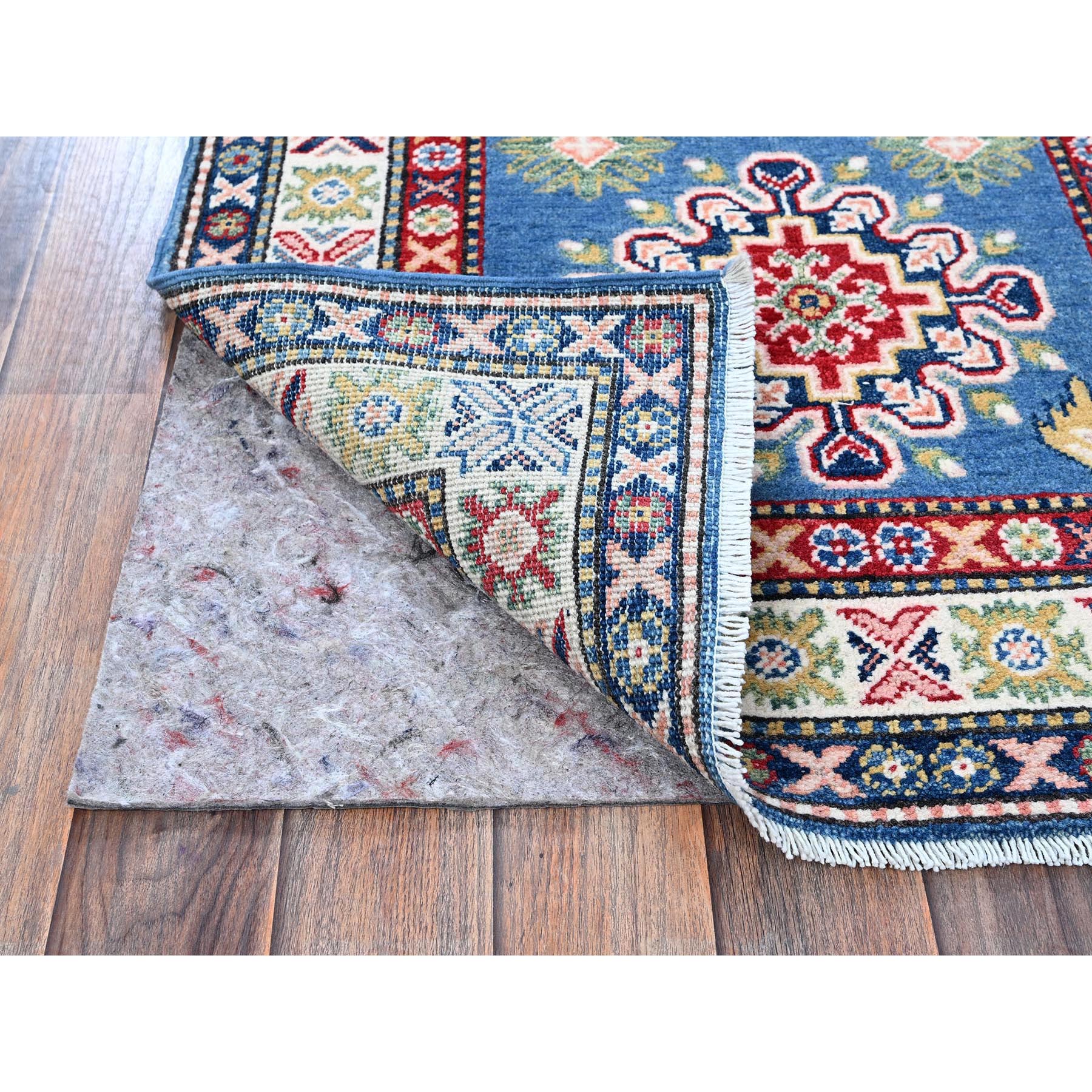 2'7"x6'7" Imperial Blue, Kazak with Tribal Design, Hand Knotted, Soft and Shiny Wool, Vegetable Dyes, Denser Weave, Runner, Oriental Rug Sh437