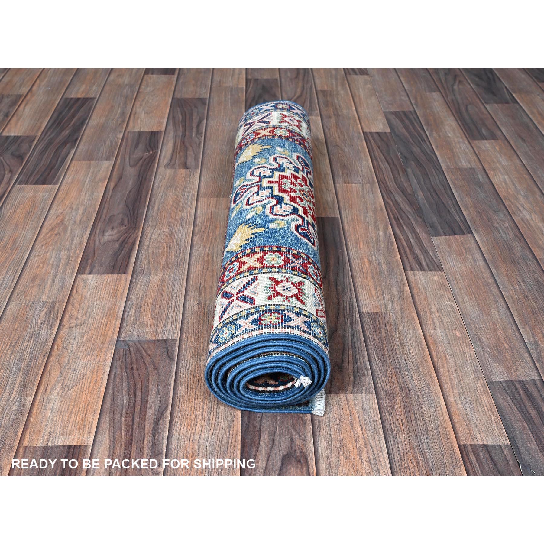 2'7"x6'7" Imperial Blue, Kazak with Tribal Design, Hand Knotted, Soft and Shiny Wool, Vegetable Dyes, Denser Weave, Runner, Oriental Rug Sh437