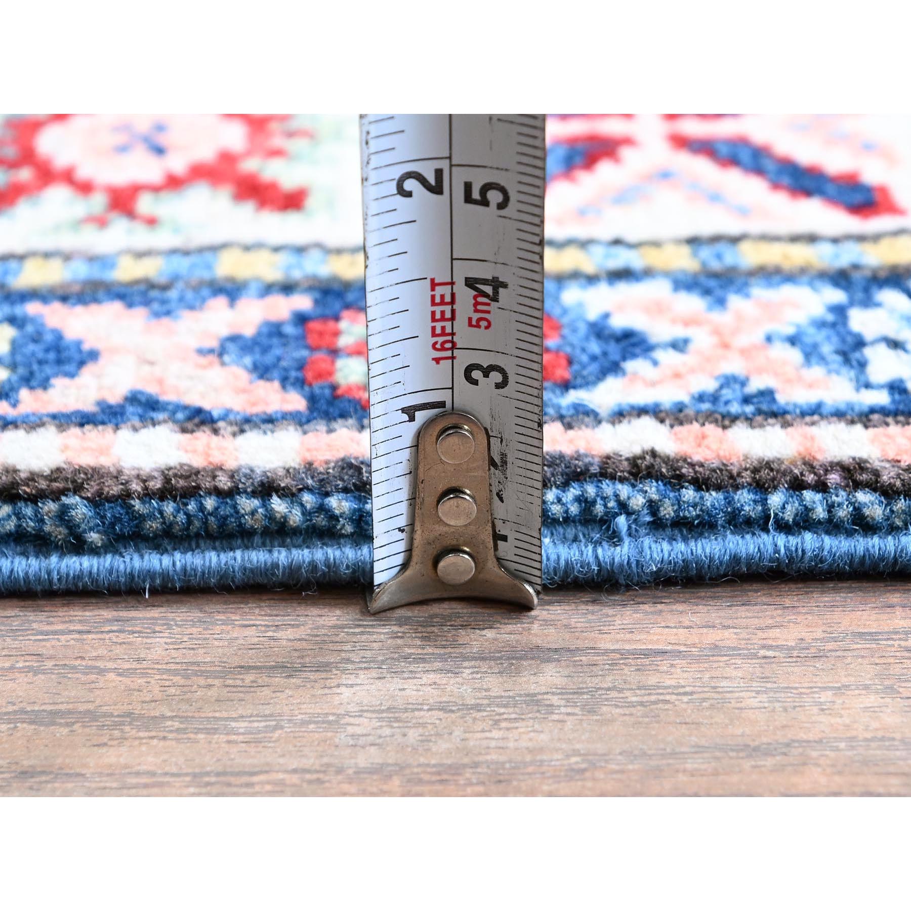 2'7"x6'7" Imperial Blue, Kazak with Tribal Design, Hand Knotted, Soft and Shiny Wool, Vegetable Dyes, Denser Weave, Runner, Oriental Rug Sh437