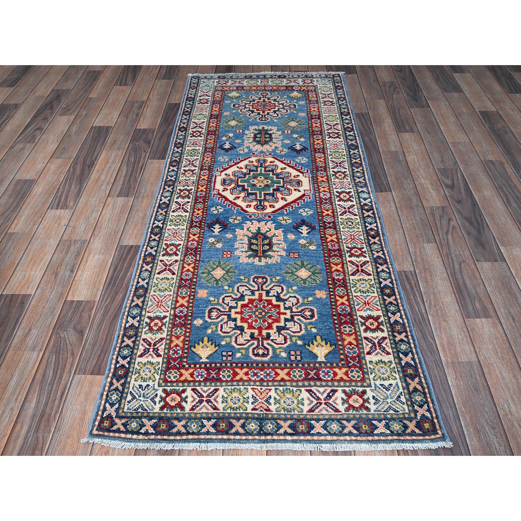 2'7"x6'4" Carolina Blue, Kazak with Tribal Medallion Design, Soft and Shiny Wool, Hand Knotted, Vegetable Dyes, Denser Weave, Runner, Oriental Rug Sh438