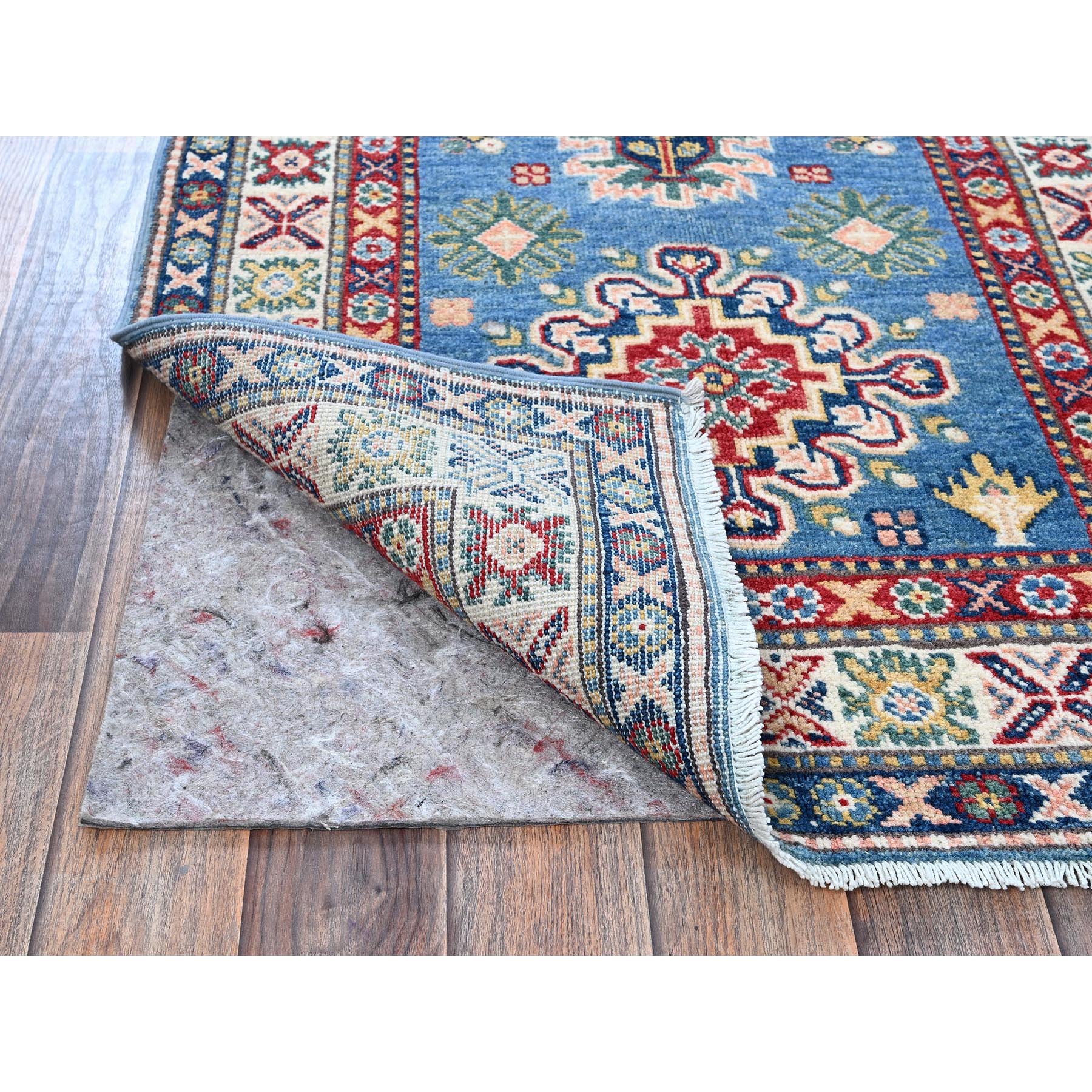 2'7"x6'4" Carolina Blue, Kazak with Tribal Medallion Design, Soft and Shiny Wool, Hand Knotted, Vegetable Dyes, Denser Weave, Runner, Oriental Rug Sh438