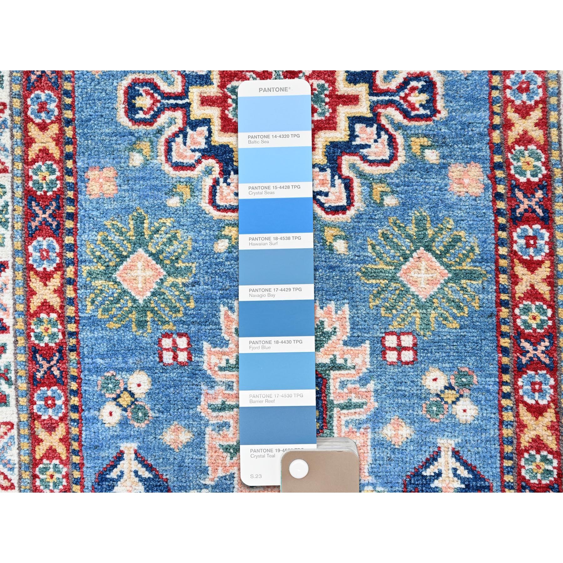 2'7"x6'4" Carolina Blue, Kazak with Tribal Medallion Design, Soft and Shiny Wool, Hand Knotted, Vegetable Dyes, Denser Weave, Runner, Oriental Rug Sh438