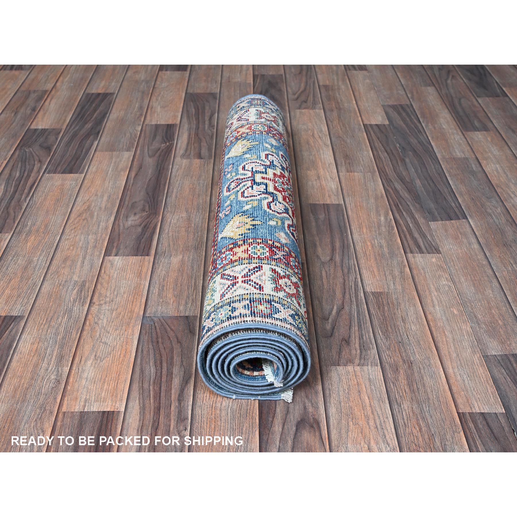 2'7"x6'4" Carolina Blue, Kazak with Tribal Medallion Design, Soft and Shiny Wool, Hand Knotted, Vegetable Dyes, Denser Weave, Runner, Oriental Rug Sh438