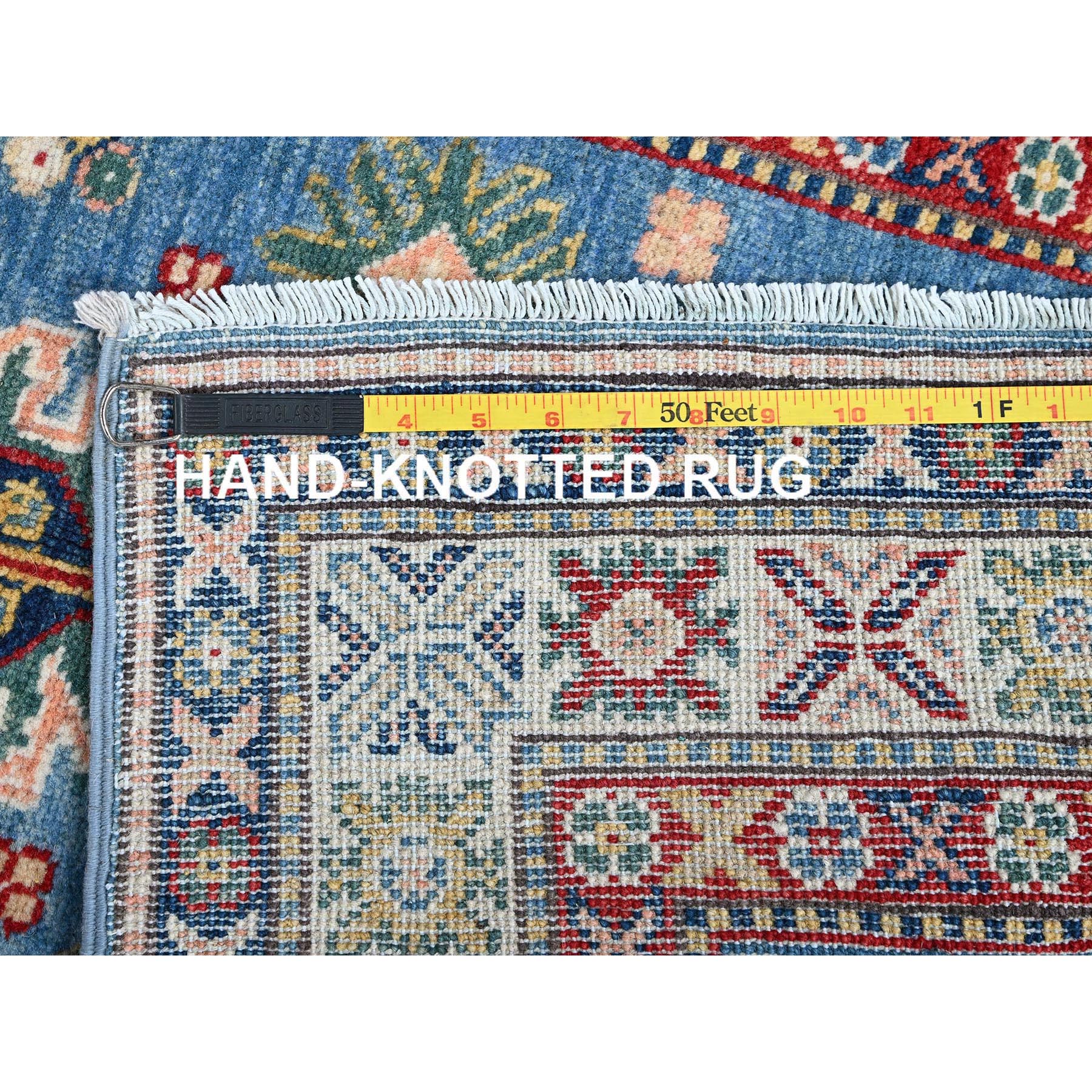 2'7"x6'4" Carolina Blue, Kazak with Tribal Medallion Design, Soft and Shiny Wool, Hand Knotted, Vegetable Dyes, Denser Weave, Runner, Oriental Rug Sh438