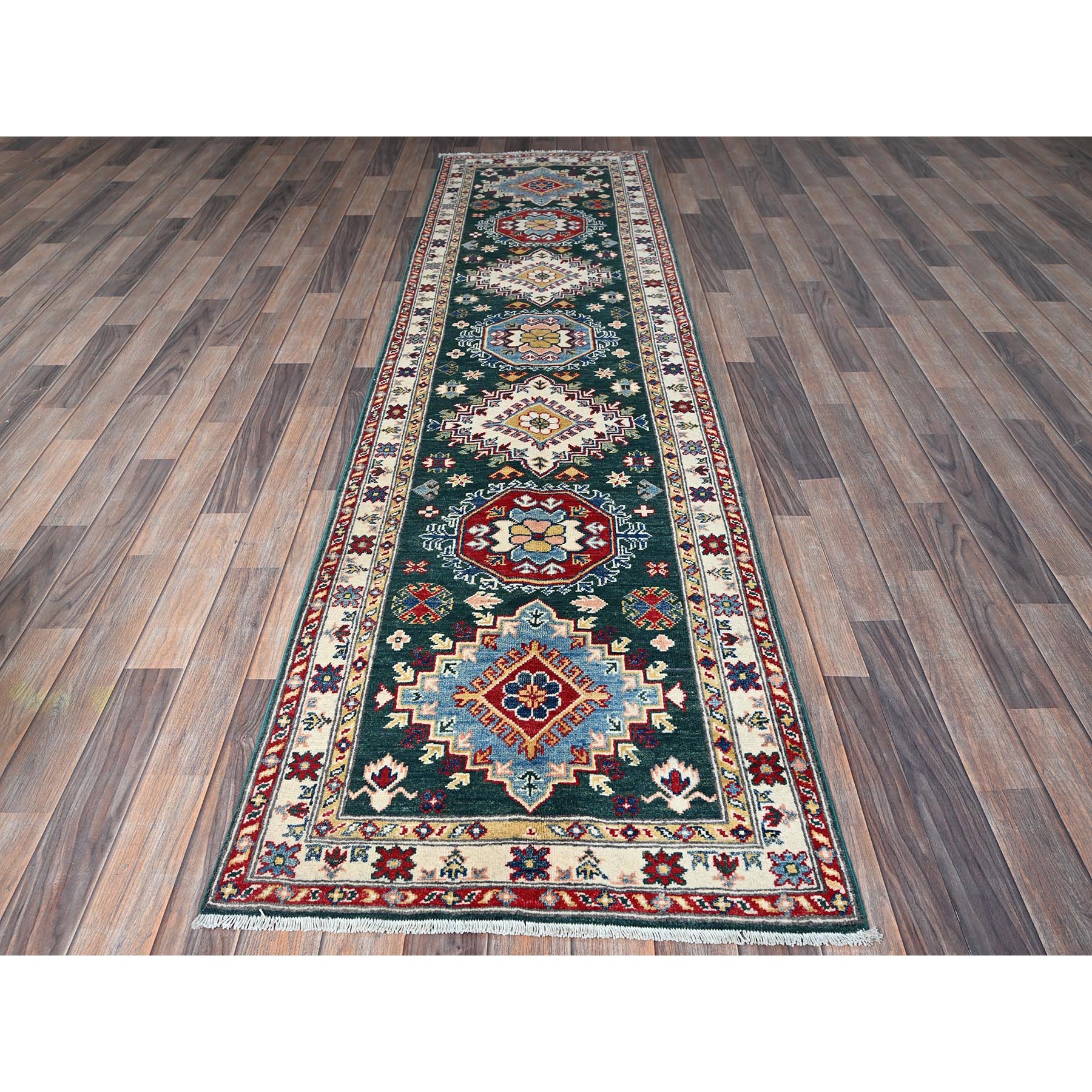 2'6"x9'9" Bistro Green, Kazak with Geometric Medallions Design, Soft and Velvety Wool, Hand Knotted, Vegetable Dyes, Denser Weave, Runner, Oriental Rug Sh439