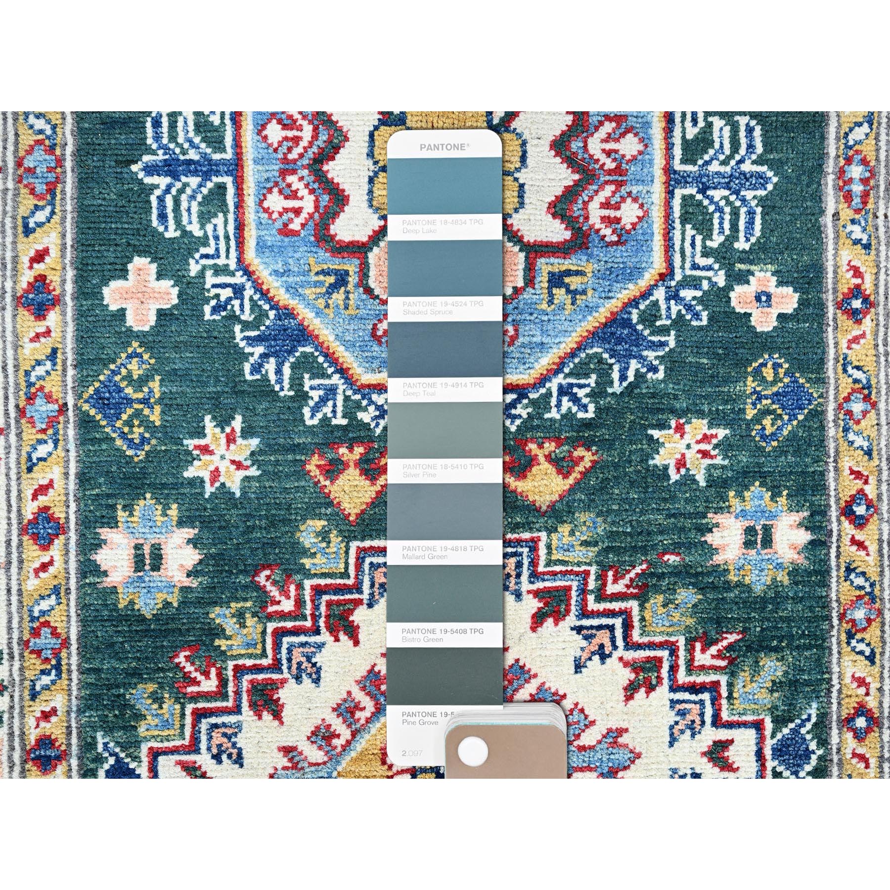 2'6"x9'9" Bistro Green, Kazak with Geometric Medallions Design, Soft and Velvety Wool, Hand Knotted, Vegetable Dyes, Denser Weave, Runner, Oriental Rug Sh439
