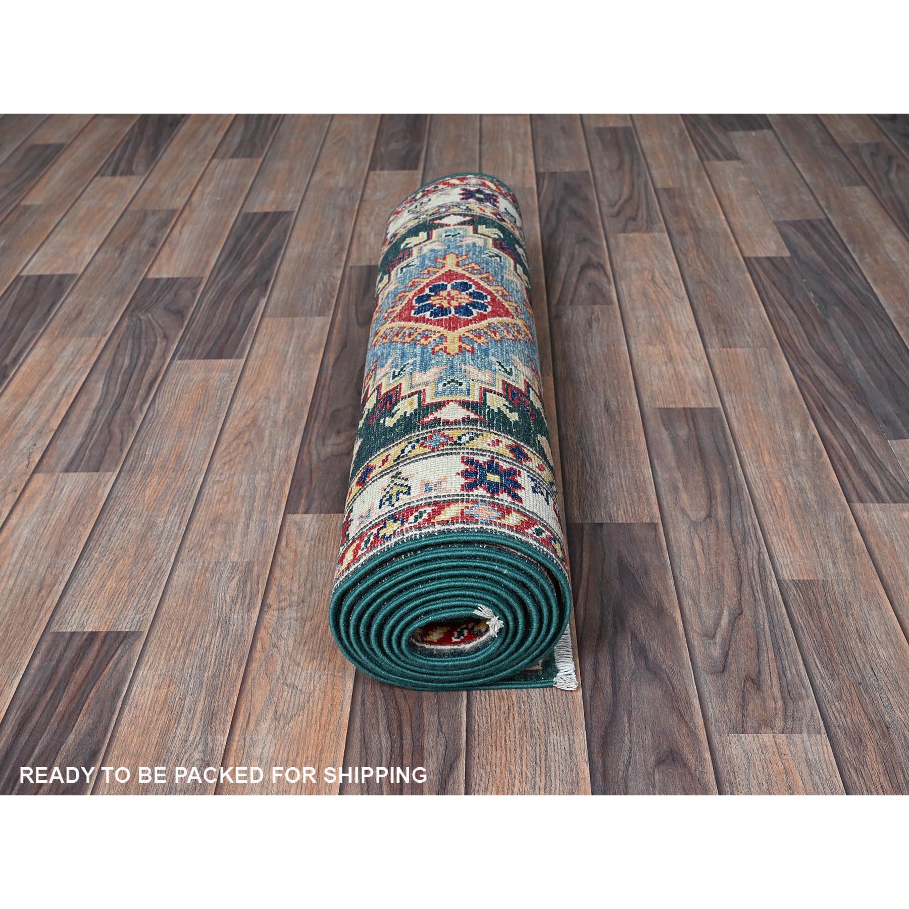 2'6"x9'9" Bistro Green, Kazak with Geometric Medallions Design, Soft and Velvety Wool, Hand Knotted, Vegetable Dyes, Denser Weave, Runner, Oriental Rug Sh439