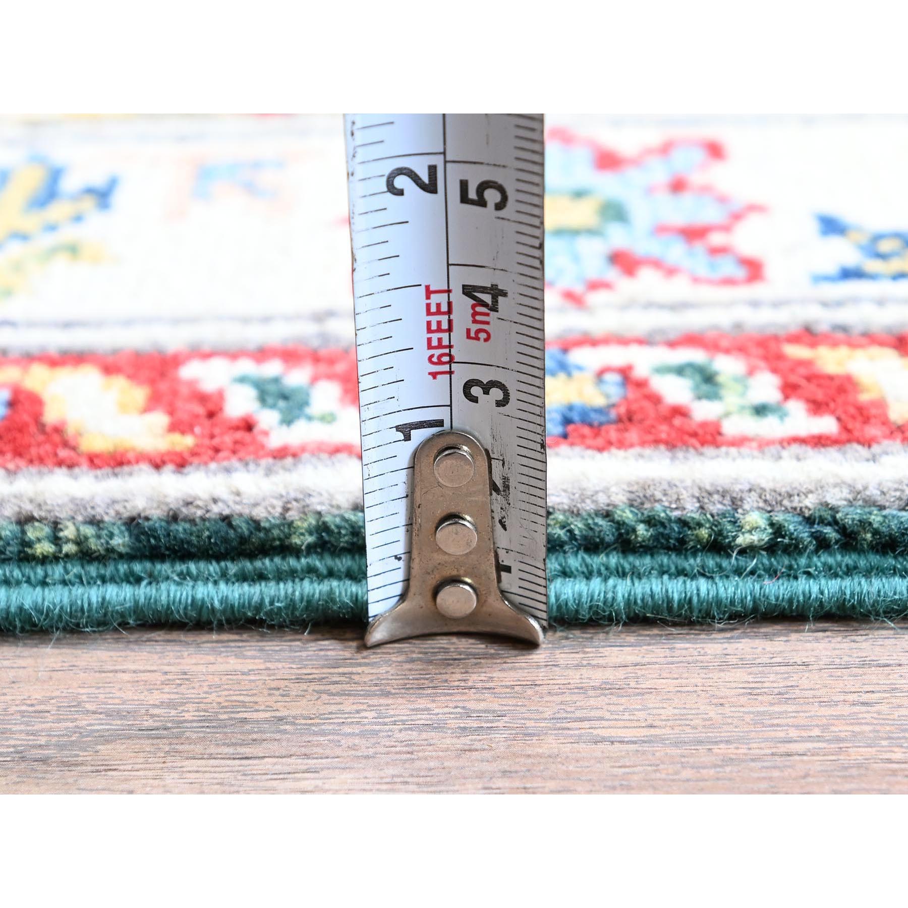 2'6"x9'9" Bistro Green, Kazak with Geometric Medallions Design, Soft and Velvety Wool, Hand Knotted, Vegetable Dyes, Denser Weave, Runner, Oriental Rug Sh439