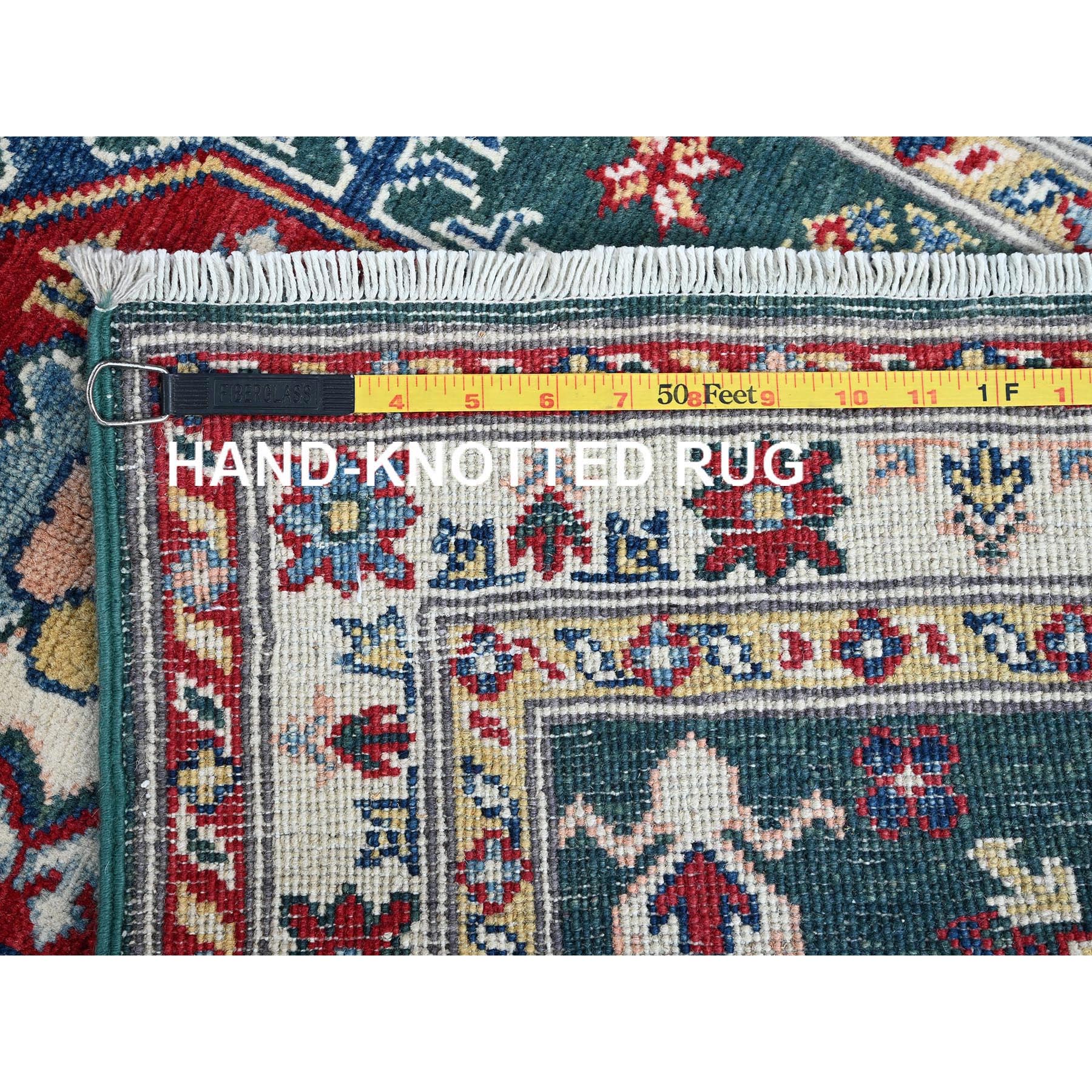 2'6"x9'9" Bistro Green, Kazak with Geometric Medallions Design, Soft and Velvety Wool, Hand Knotted, Vegetable Dyes, Denser Weave, Runner, Oriental Rug Sh439