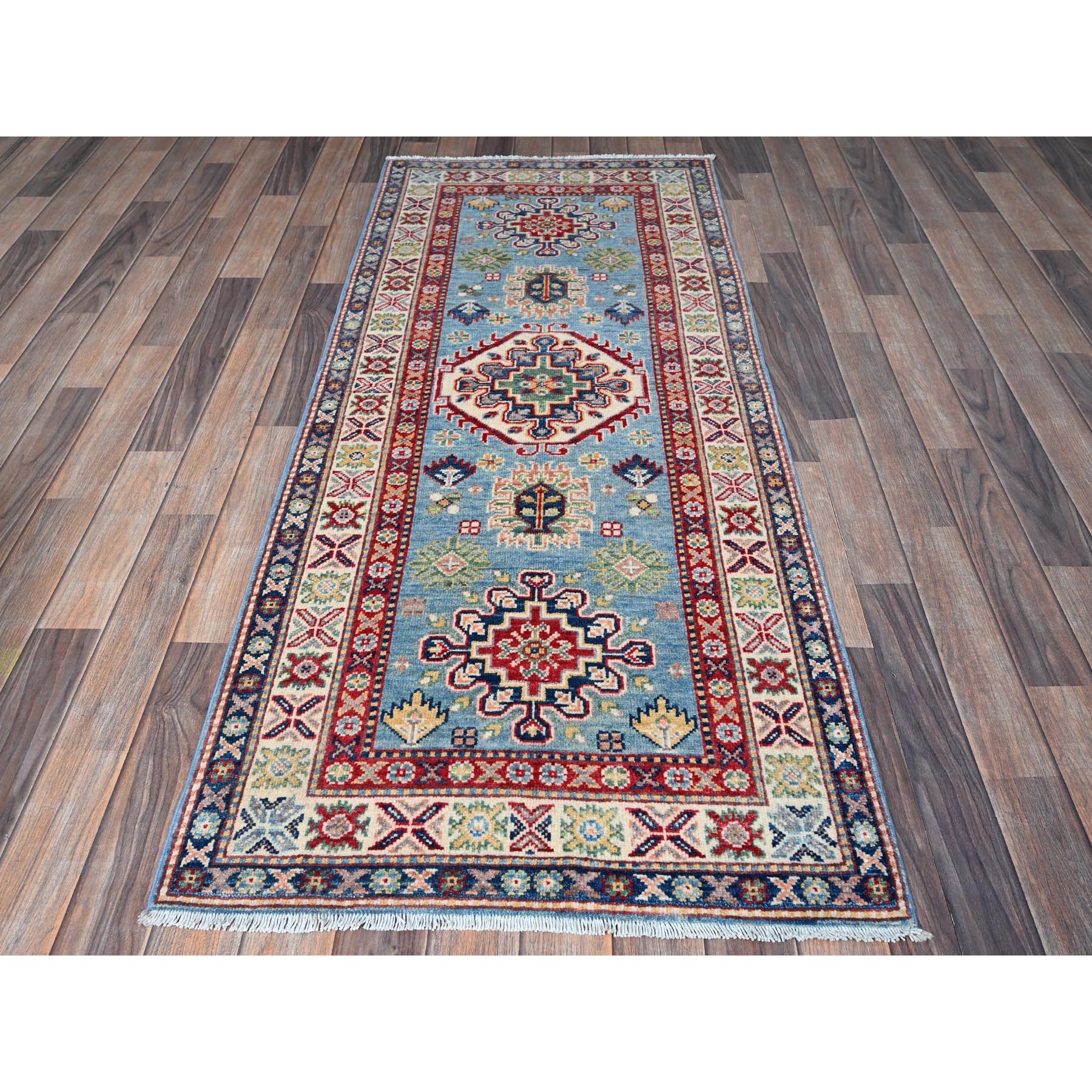 2'8"x6'6" Ruddy Blue, Kazak with Tribal Design, Soft and Shiny Wool, Vegetable Dyes, Hand Knotted, Denser Weave, Runner, Oriental Rug Sh440