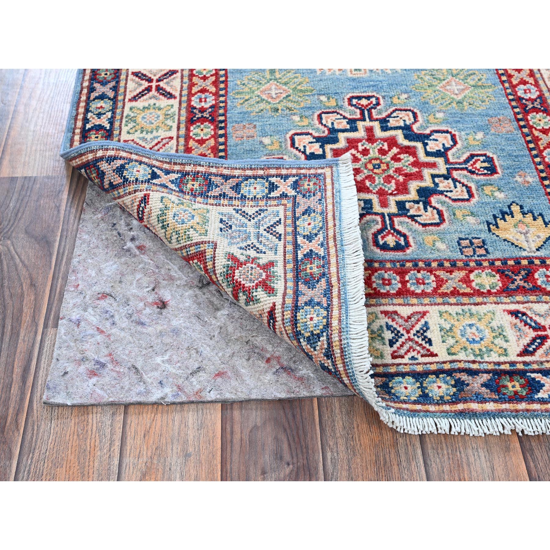 2'8"x6'6" Ruddy Blue, Kazak with Tribal Design, Soft and Shiny Wool, Vegetable Dyes, Hand Knotted, Denser Weave, Runner, Oriental Rug Sh440
