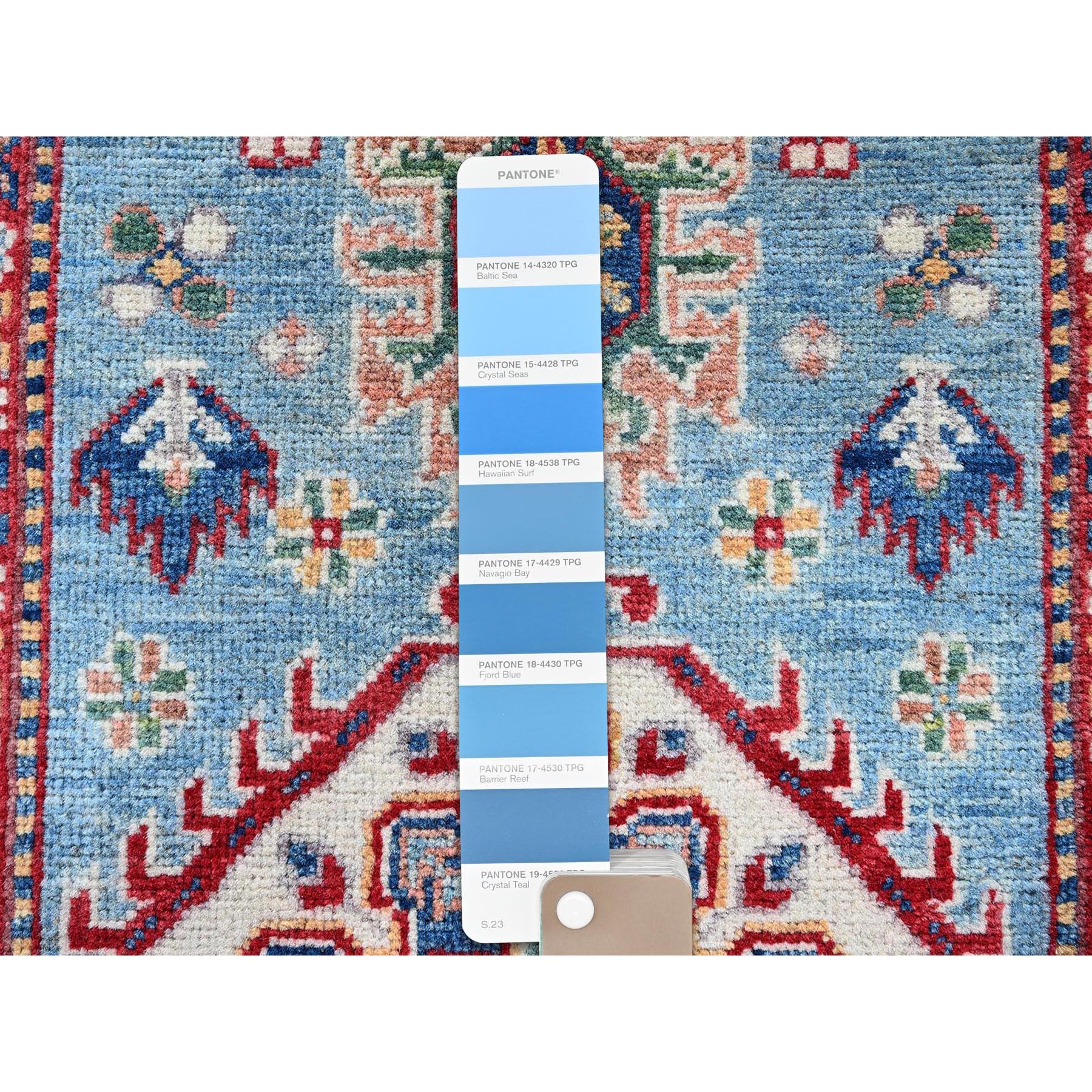 2'8"x6'6" Ruddy Blue, Kazak with Tribal Design, Soft and Shiny Wool, Vegetable Dyes, Hand Knotted, Denser Weave, Runner, Oriental Rug Sh440