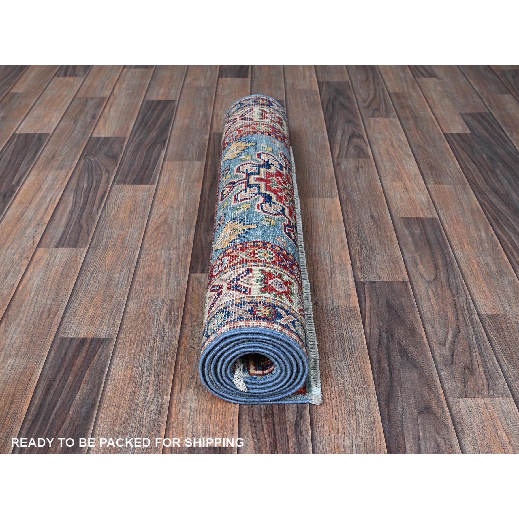2'8"x6'6" Ruddy Blue, Kazak with Tribal Design, Soft and Shiny Wool, Vegetable Dyes, Hand Knotted, Denser Weave, Runner, Oriental Rug Sh440