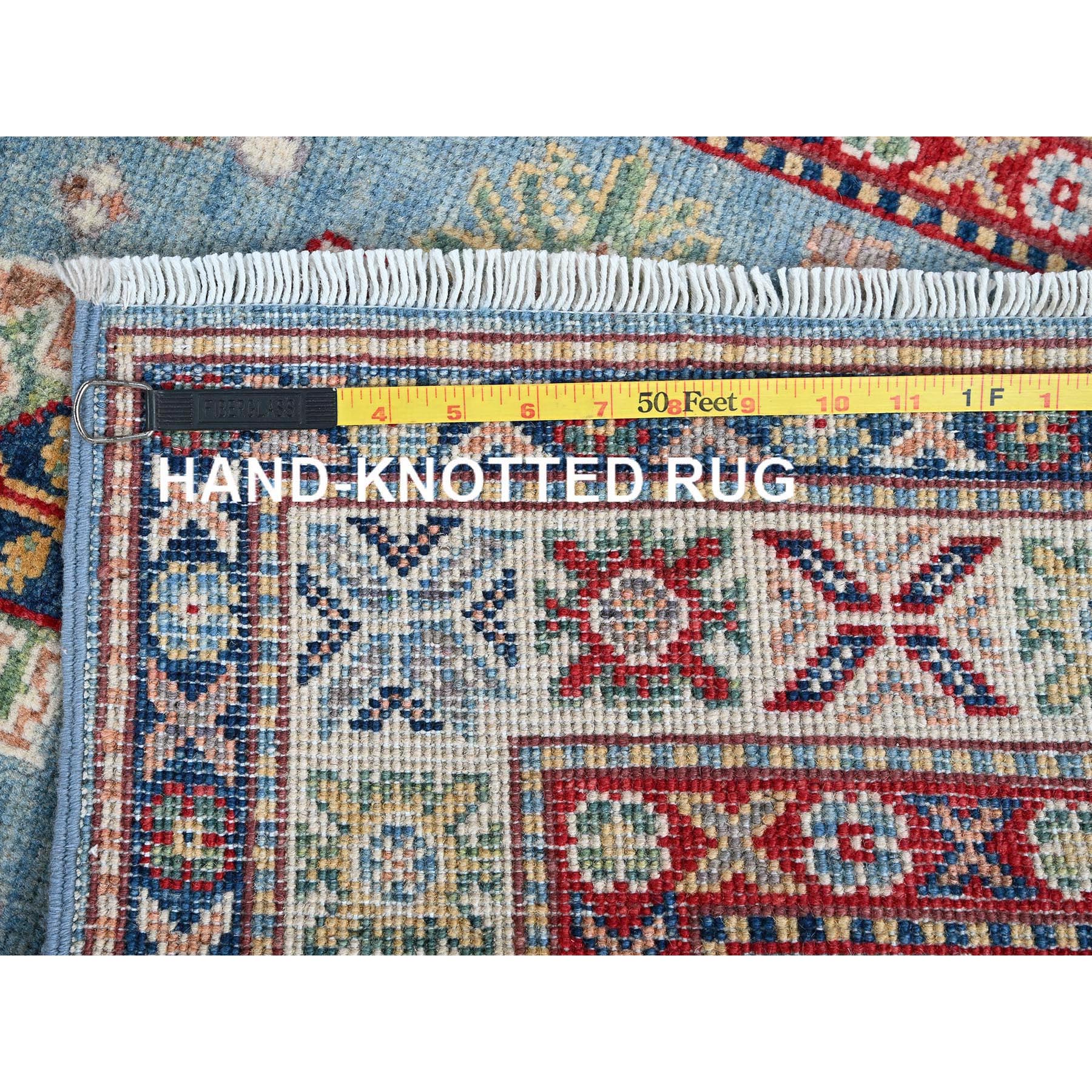 2'8"x6'6" Ruddy Blue, Kazak with Tribal Design, Soft and Shiny Wool, Vegetable Dyes, Hand Knotted, Denser Weave, Runner, Oriental Rug Sh440