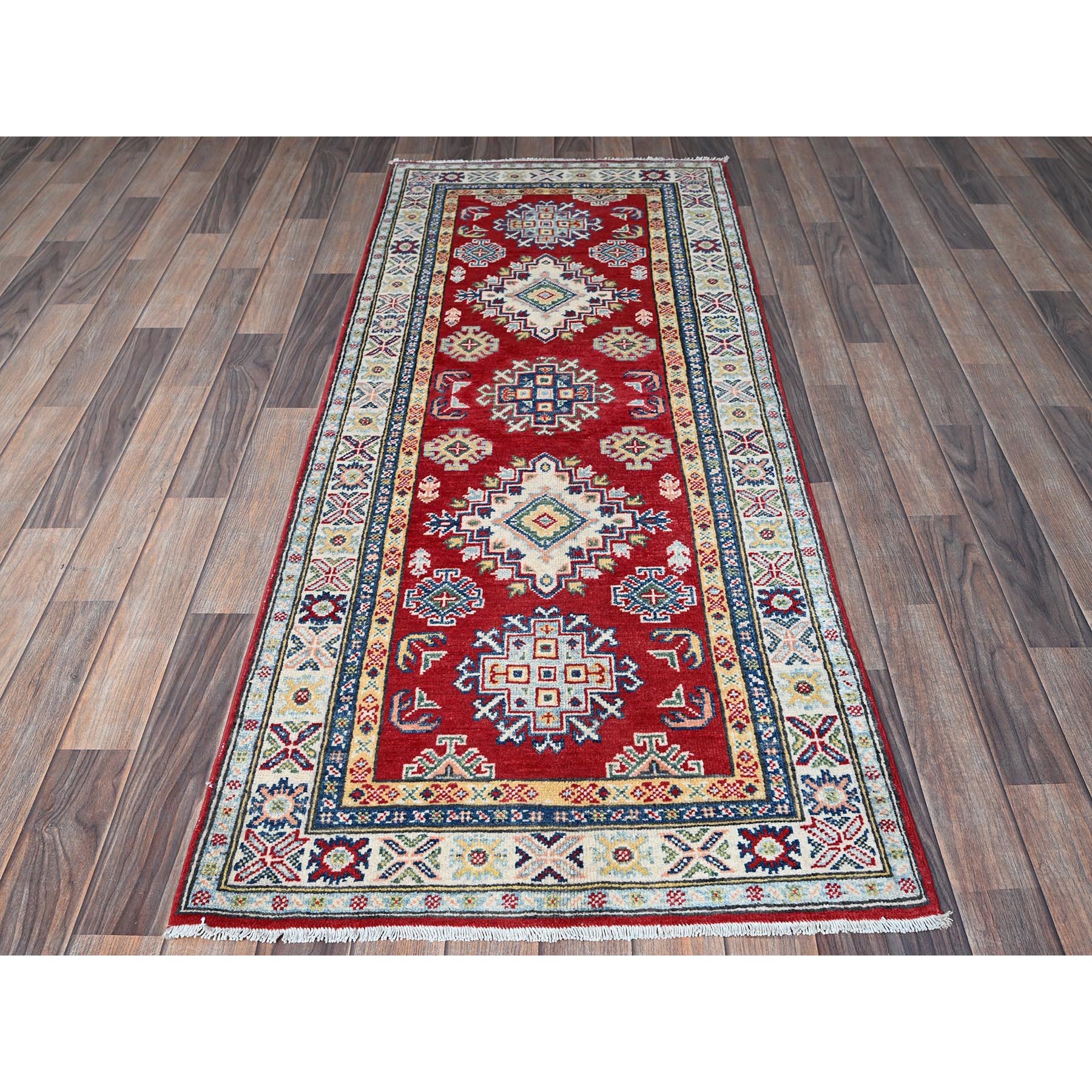 2'7"x6'7" Berry Red, Kazak with Geometric Medallions Design, Soft and Shiny Wool, Hand Knotted, Vegetable Dyes, Denser Weave, Runner, Oriental Rug Sh441