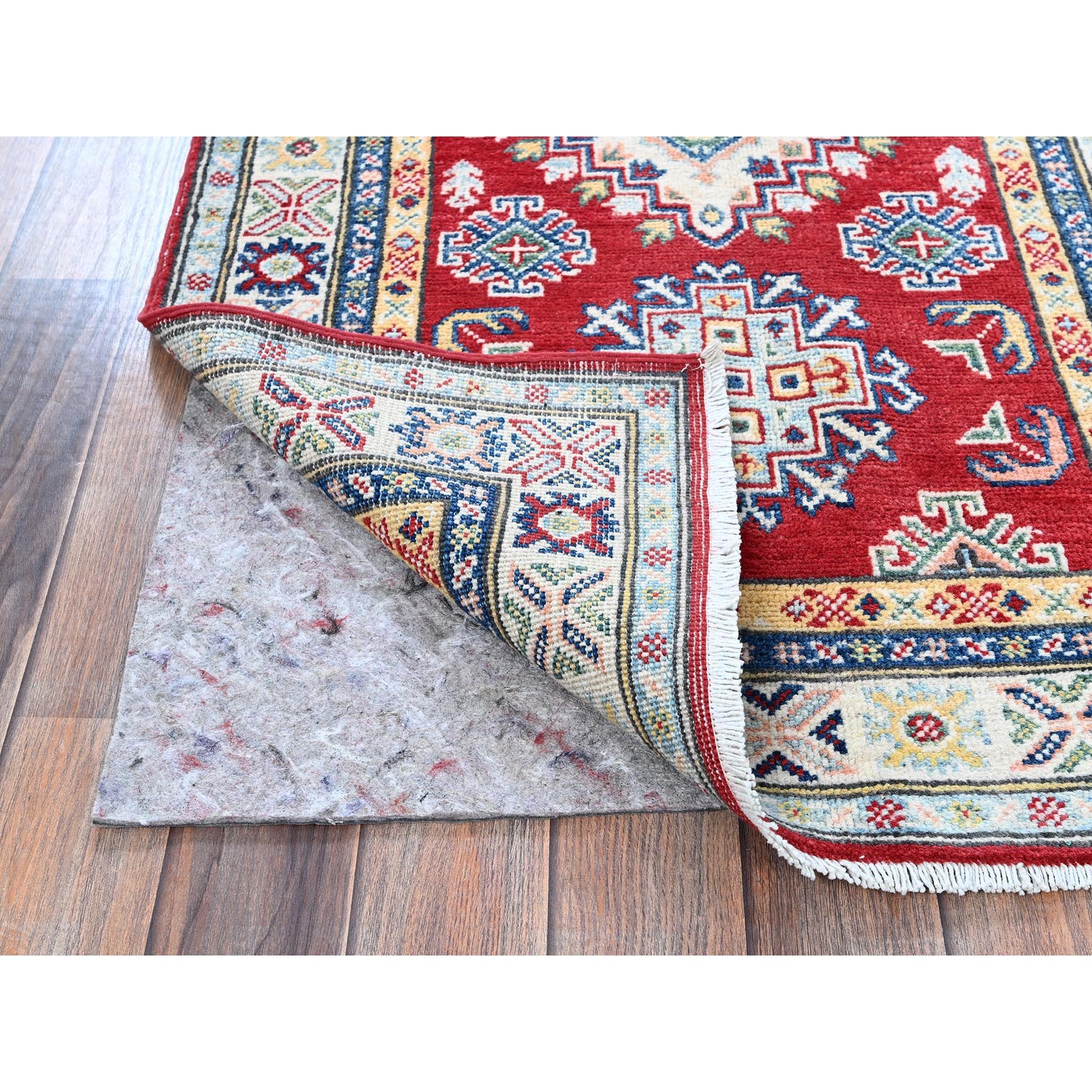 2'7"x6'7" Berry Red, Kazak with Geometric Medallions Design, Soft and Shiny Wool, Hand Knotted, Vegetable Dyes, Denser Weave, Runner, Oriental Rug Sh441
