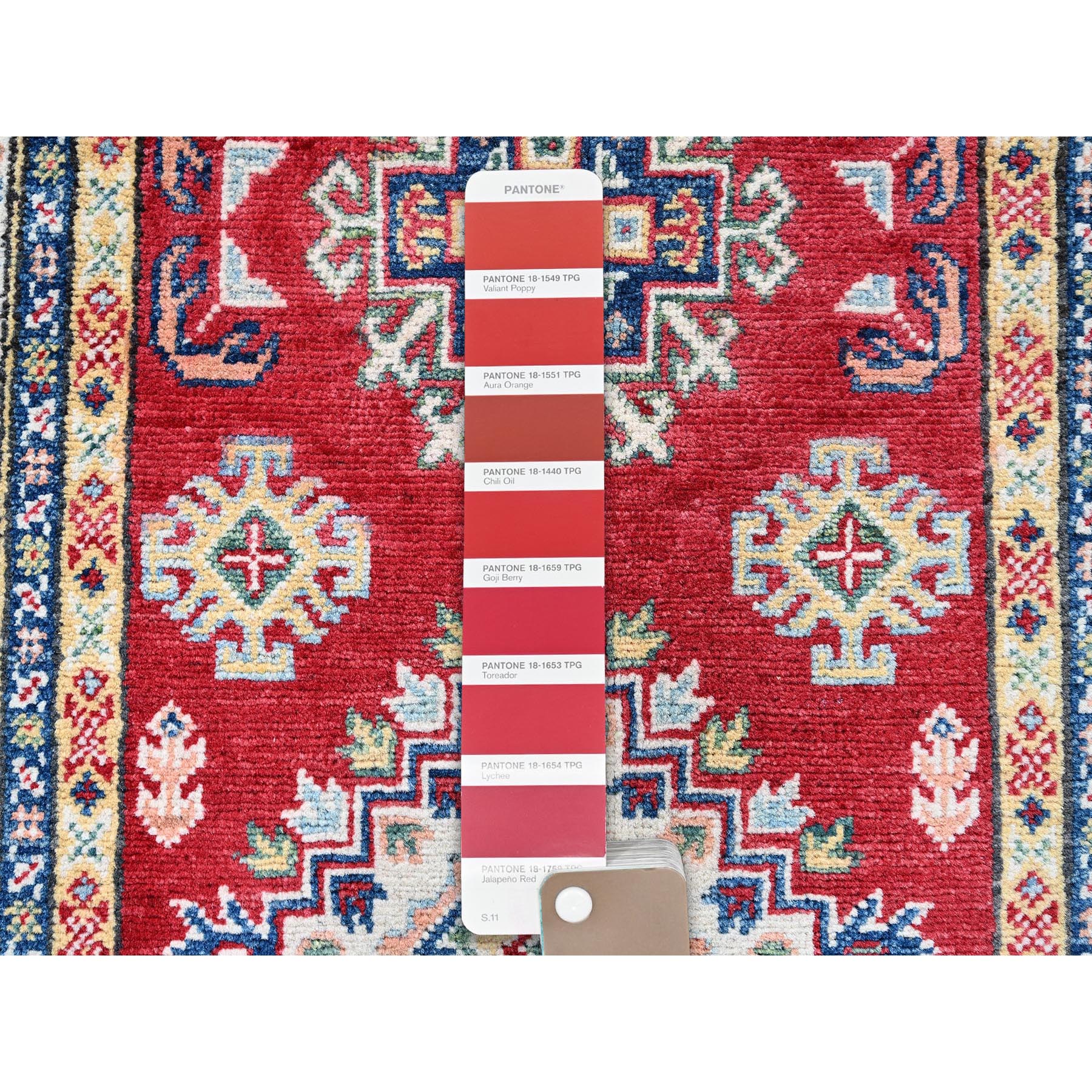 2'7"x6'7" Berry Red, Kazak with Geometric Medallions Design, Soft and Shiny Wool, Hand Knotted, Vegetable Dyes, Denser Weave, Runner, Oriental Rug Sh441