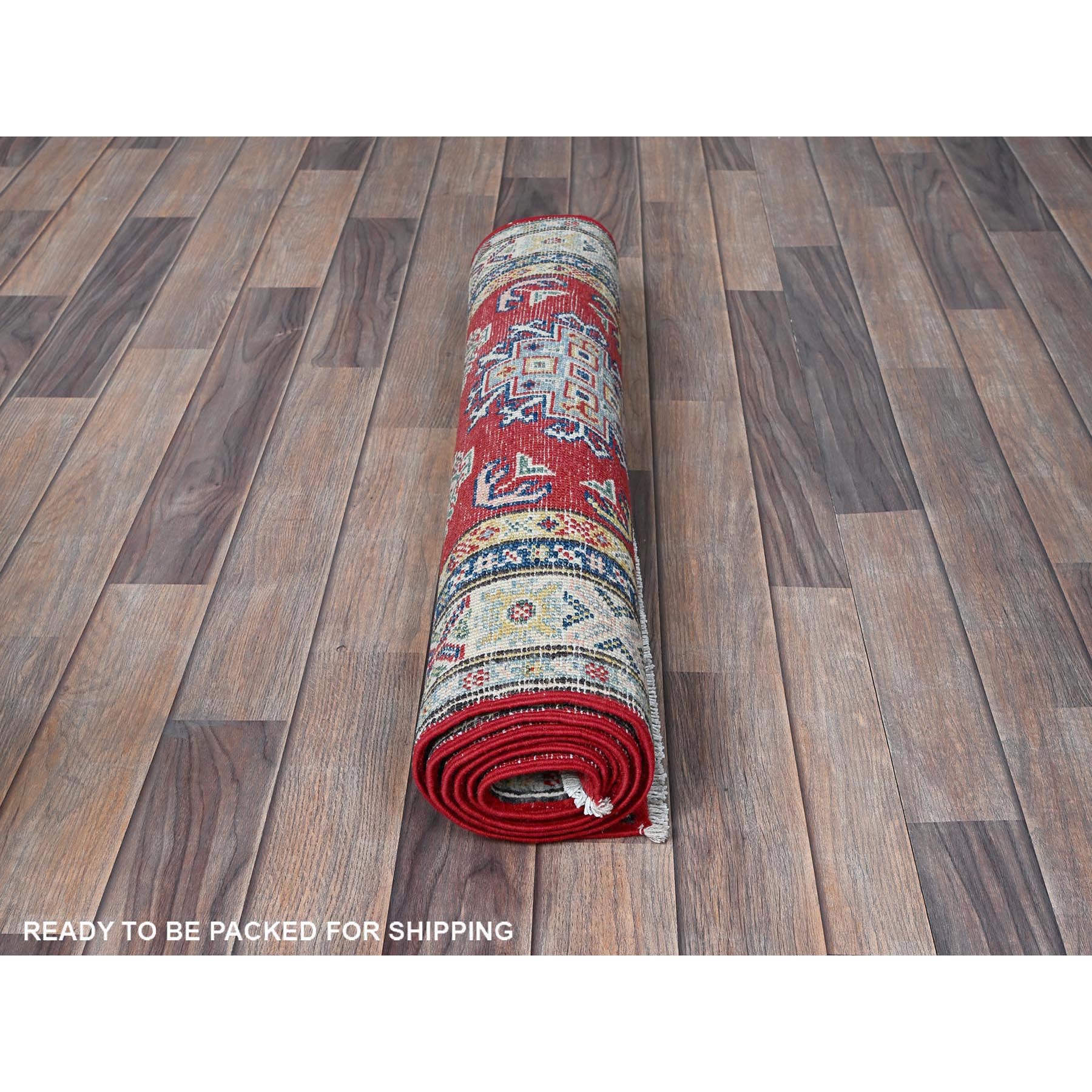 2'7"x6'7" Berry Red, Kazak with Geometric Medallions Design, Soft and Shiny Wool, Hand Knotted, Vegetable Dyes, Denser Weave, Runner, Oriental Rug Sh441