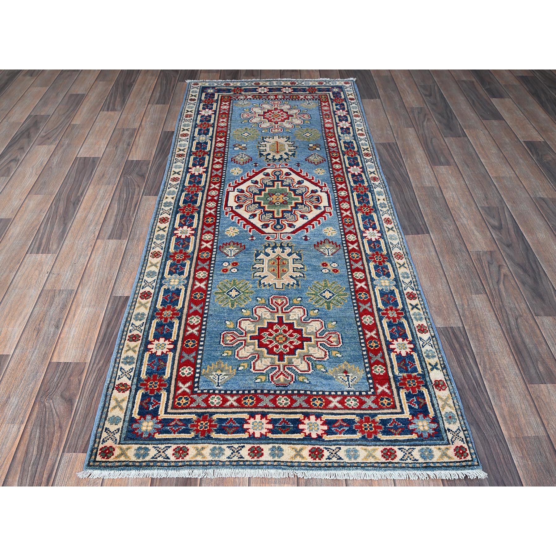 2'7"x6'7" Carolina Blue, Kazak with Tribal Medallion Design, Soft and Shiny Wool, Hand Knotted, Vegetable Dyes, Denser Weave, Runner, Oriental Rug Sh442
